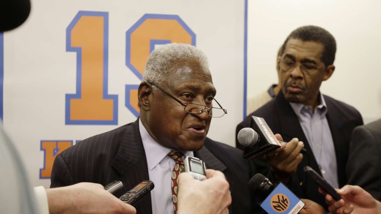 FILE - New York Knicks Hall-of-Famer Willis Reed responds to questions during an interview before an NBA basketball game between the Knicks and the Milwaukee Bucks, Friday, April 5, 2013, in New York. Willis Reed, who dramatically emerged from the locker room minutes before Game 7 of the 1970 NBA Finals to spark the New York Knicks to their first championship and create one of sports’ most enduring examples of playing through pain, died Tuesday, March 21, 2023. He was 80. Reed's death was announced by the National Basketball Retired Players Association, which confirmed it through his family.