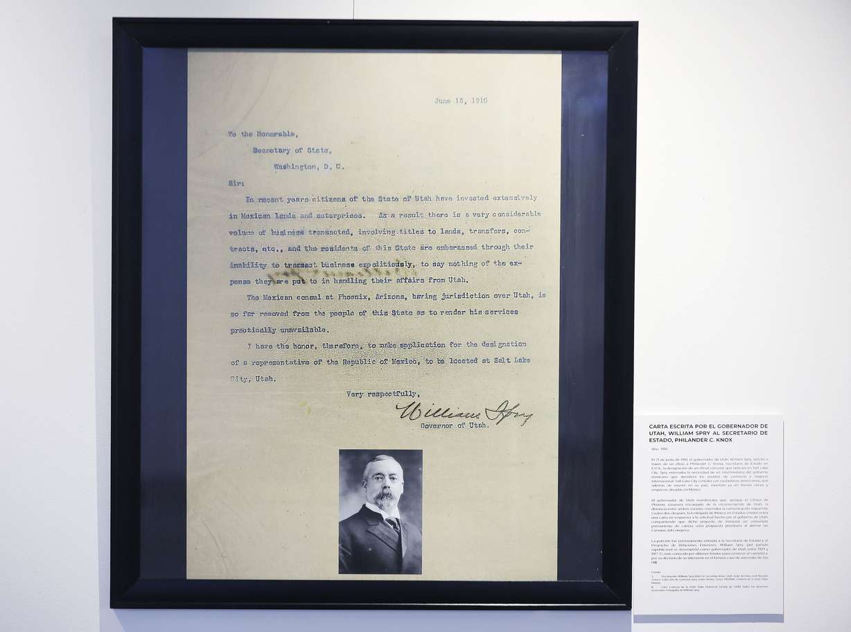 A letter written by then-Utah Gov. William Spry to the U.S. secretary of state is on display at the Mexican Consulate in Salt Lake City on Wednesday, Dec. 21, 2022.
