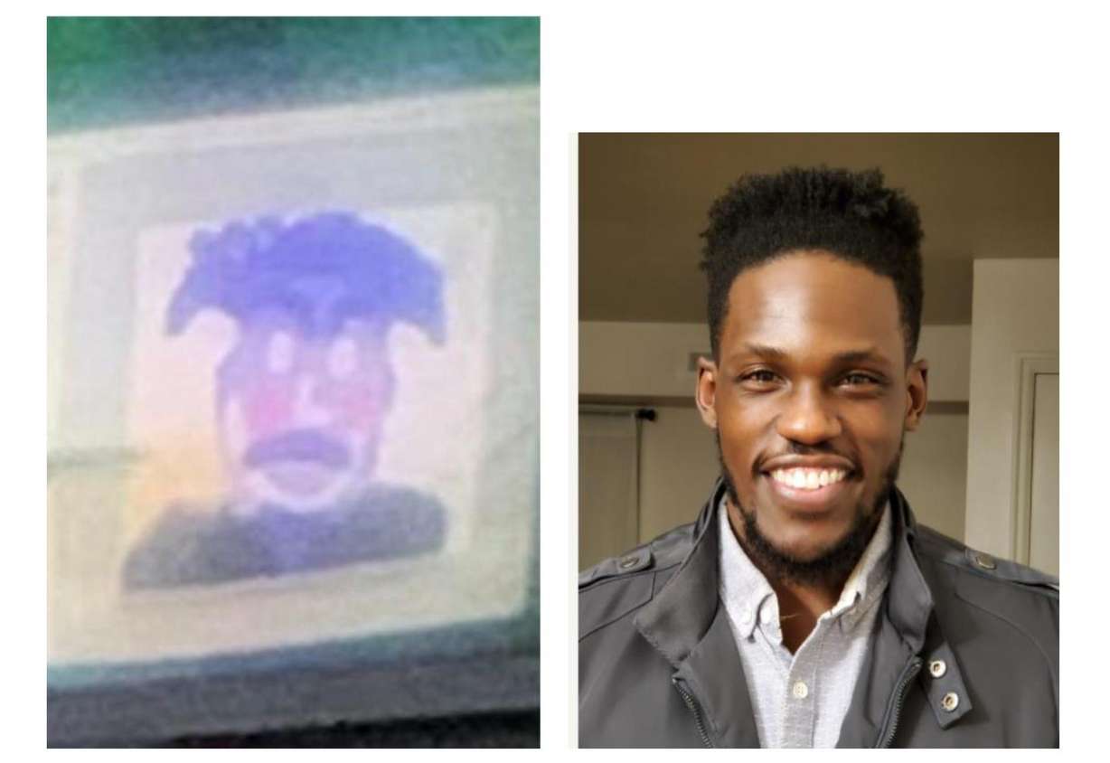 Utah State University alum Gregory Noel, right, is pictured next to a caricature allegedly drawn by a professor and displayed in view of his classmates. Noel has settled a lawsuit against the university for $45,000.