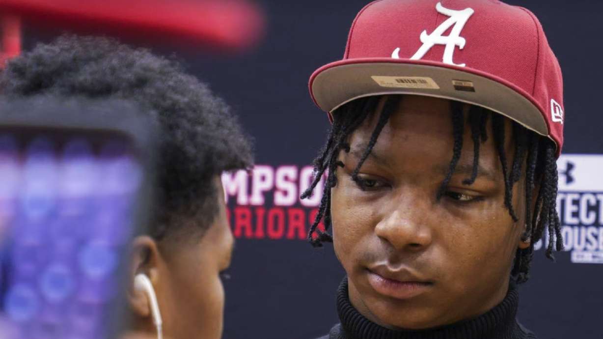 Tony Mitchell appears during a scholarship signing ceremony at Thompson High School in Alabaster, Ala., Dec. 21, 2022. Authorities say suspended Alabama freshman defensive back Tony Mitchell drove over 141 mph while trying to evade deputies before his arrest on drug charges in the Florida Panhandle last week. The Holmes County Sheriff's Office says Mitchell and his passenger were arrested Wednesday, March 15, 2023, and charged with possession of marijuana with the intent to sell or deliver.