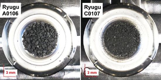Carbonaceous rock samples retrieved from the asteroid Ryugu, that were subjected to chemical analysis by Hayabusa2 soluble organic matter team members, led by Hiroshi Naraoka, Yoshinori Takano and Jason Dworkin, are seen in this undated handout photo.