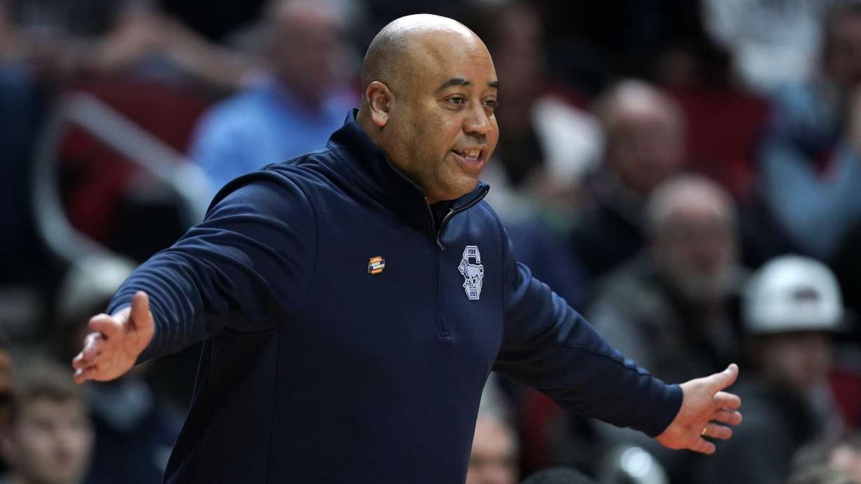 Penn State head coach Micah Shrewsberry directs his team in the first half of a second-round college basketball game against Texas in the NCAA Tournament, Saturday, March 18, 2023, in Des Moines, Iowa.
