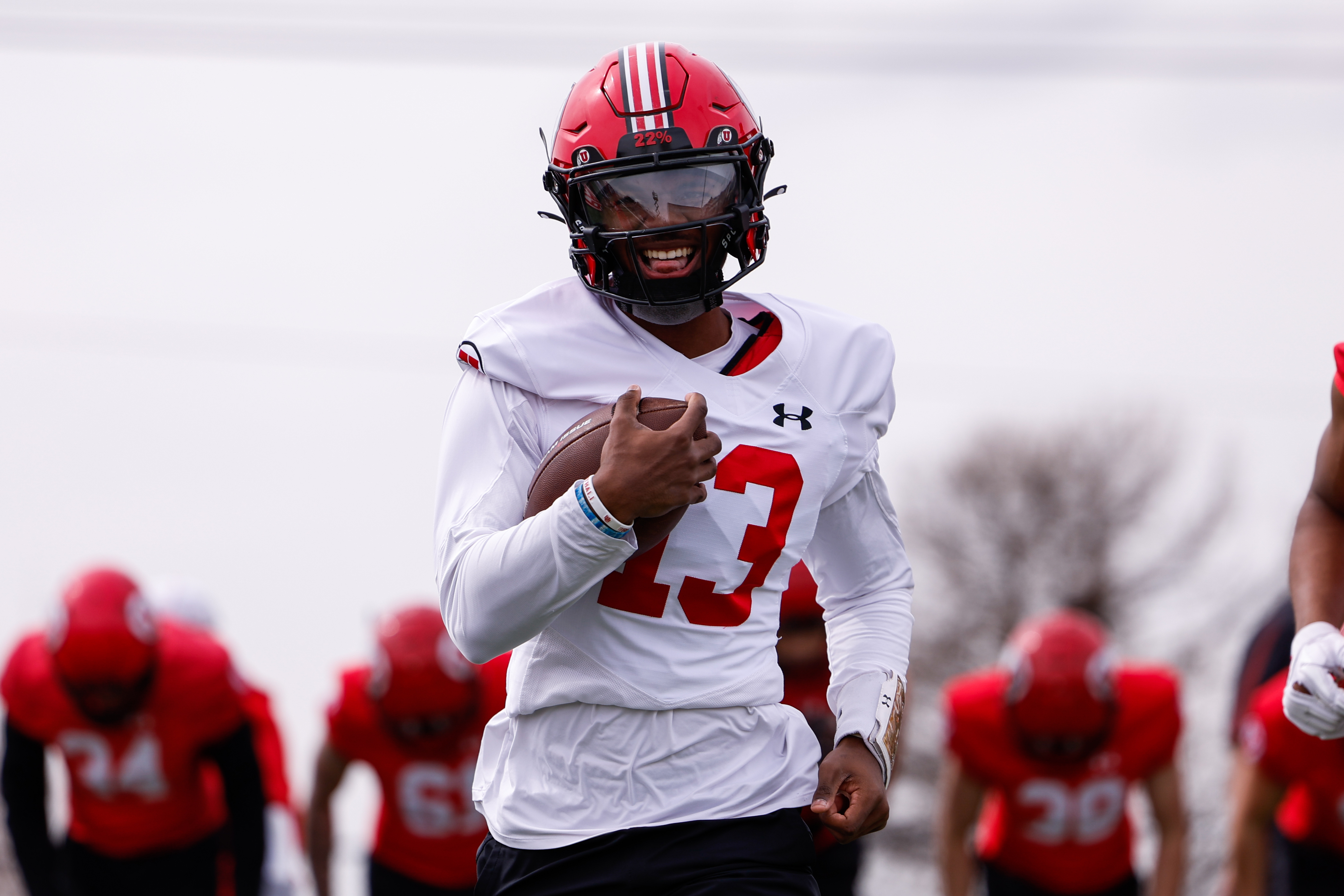 Redshirt freshman quarterback Nate Johnson takes part in drills during Utah Utes spring practice day 1 in Salt Lake City, UT on Tuesday, March 21, 2023.