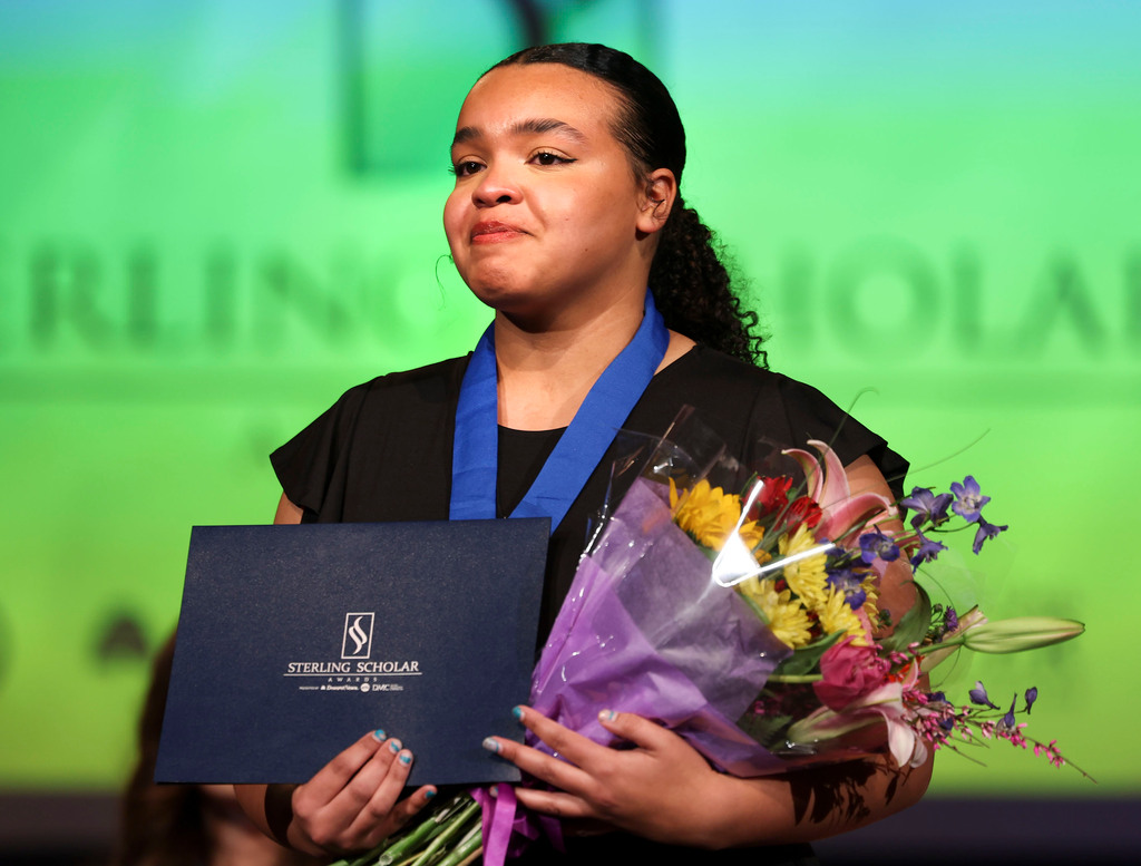 Nevaeh Parker of Roy High School receives the Speech/Theatre Arts/Forensics award during the 2023 Sterling Scholar awards ceremony in North Salt Lake on Wednesday.