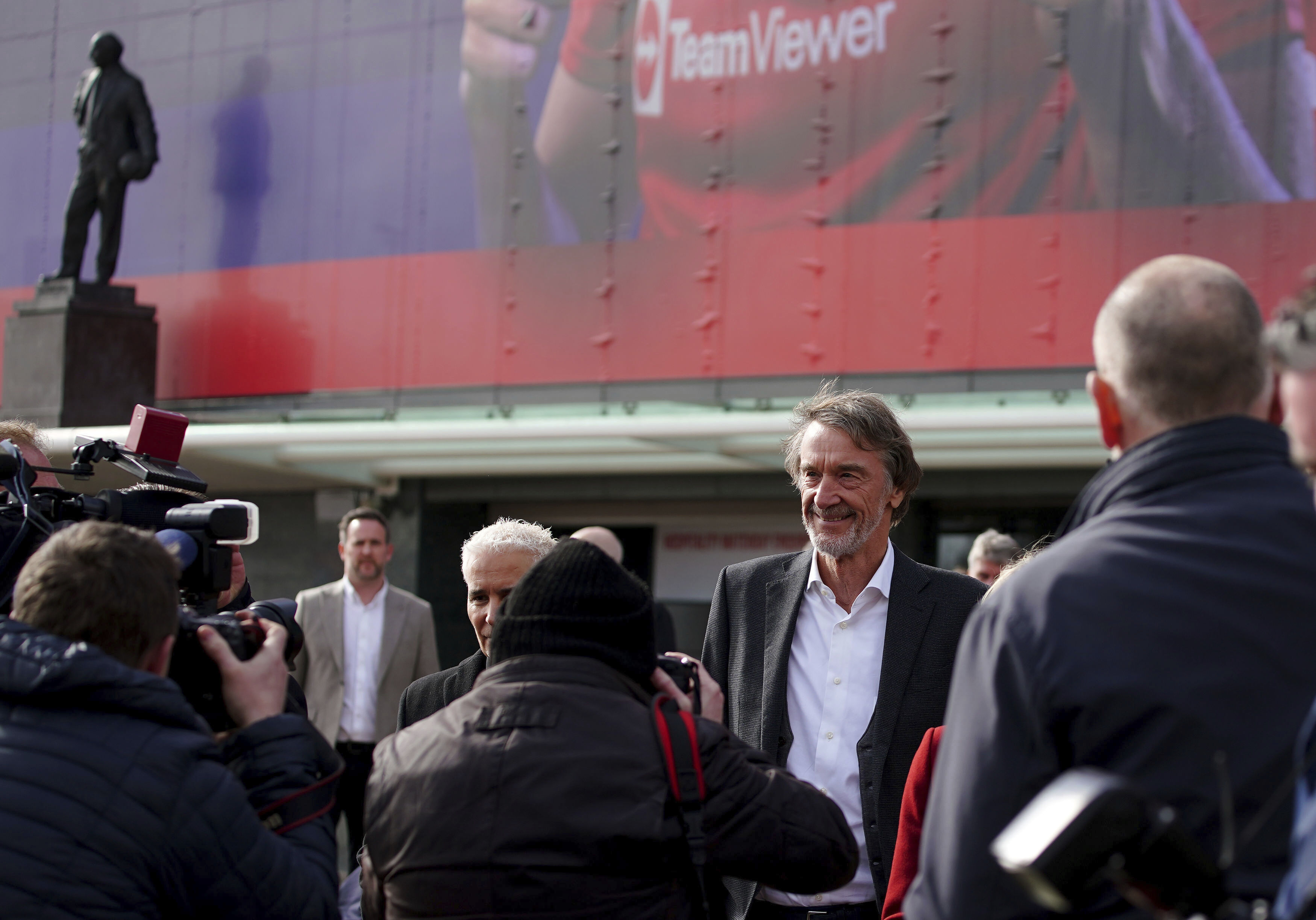 Businessman Jim Ratcliffe leaves Old Trafford, in Manchester, England, Friday March 17, 2023. Bidders are getting a closer look at Manchester United as the potential sale of one of the biggest soccer clubs in the world gathers pace.