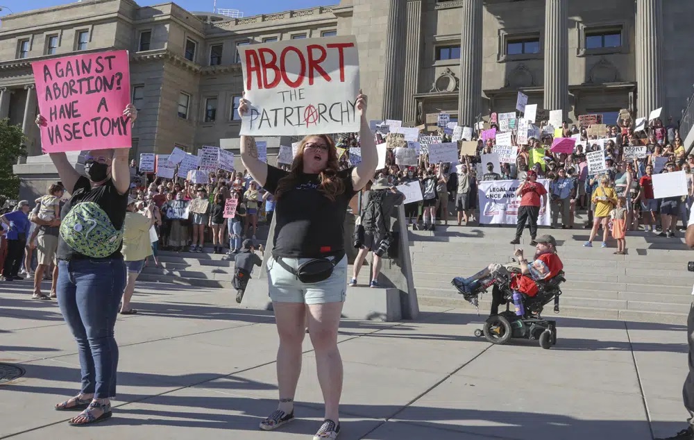 Chanting "My body. My choice," protestors, upset with the U.S. Supreme Court's overturning of Roe v. Wade, gather at the Idaho Capitol steps, June 24, 2022, after marching from Boise City Hall through downtown.