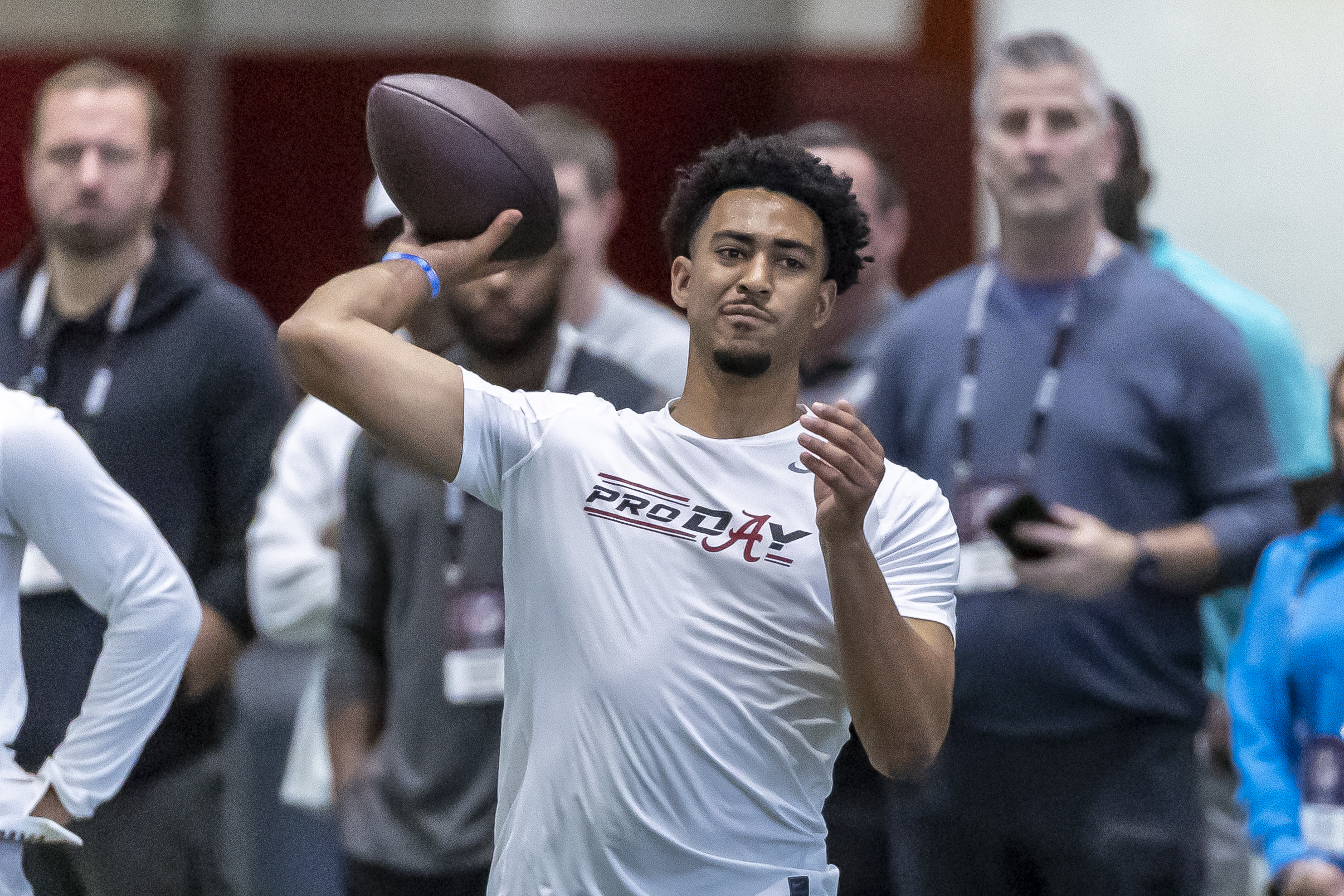 Former Alabama football quarterback Bryce Young works in position drills at Alabama's NFL pro day, Thursday, March 23, 2023, in Tuscaloosa, Ala.