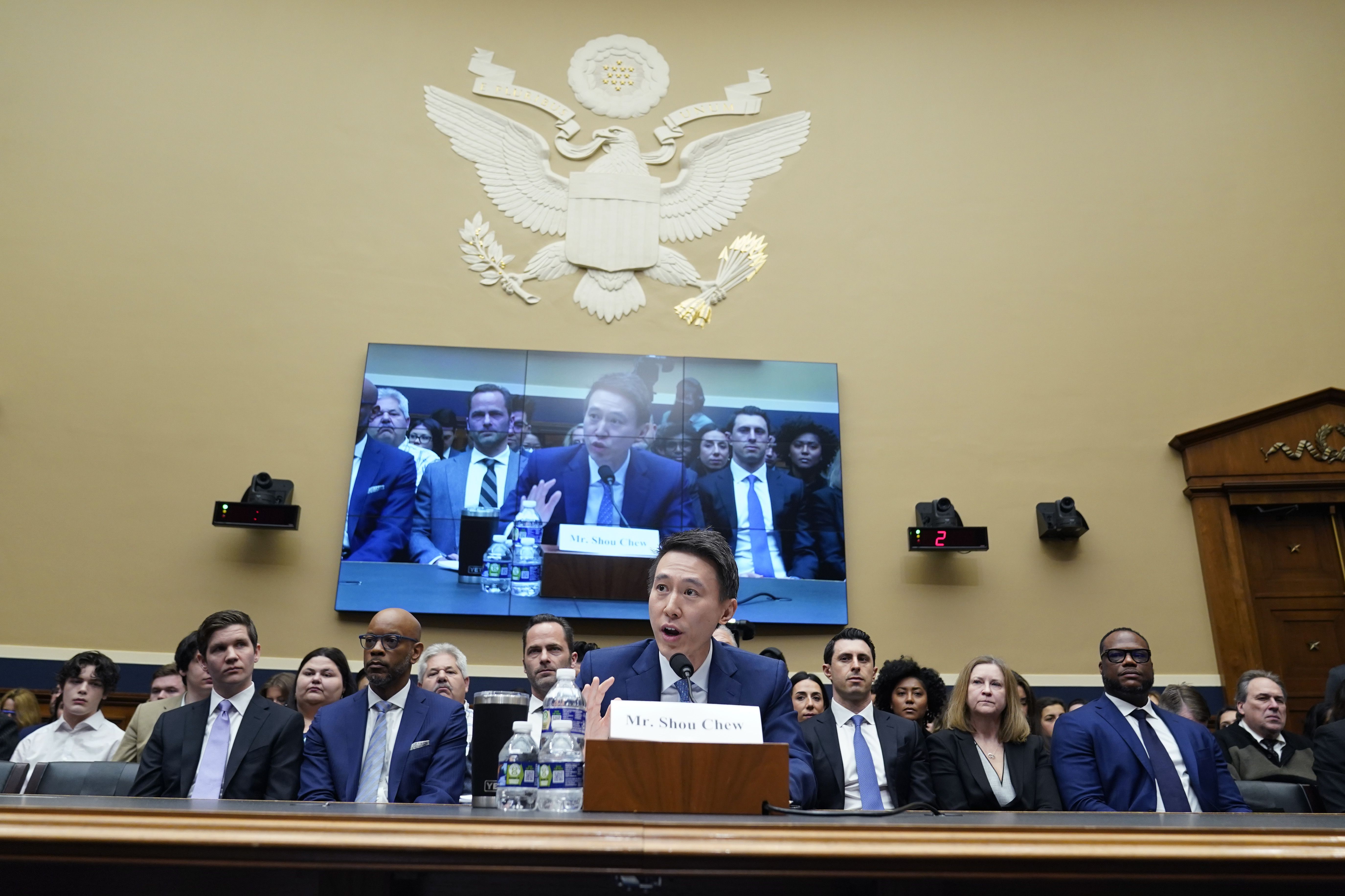 TikTok CEO Shou Zi Chew testifies during a hearing of the House Energy and Commerce Committee, on the platform’s consumer privacy and data security practices and impact on children, Thursday on Capitol Hill in Washington.