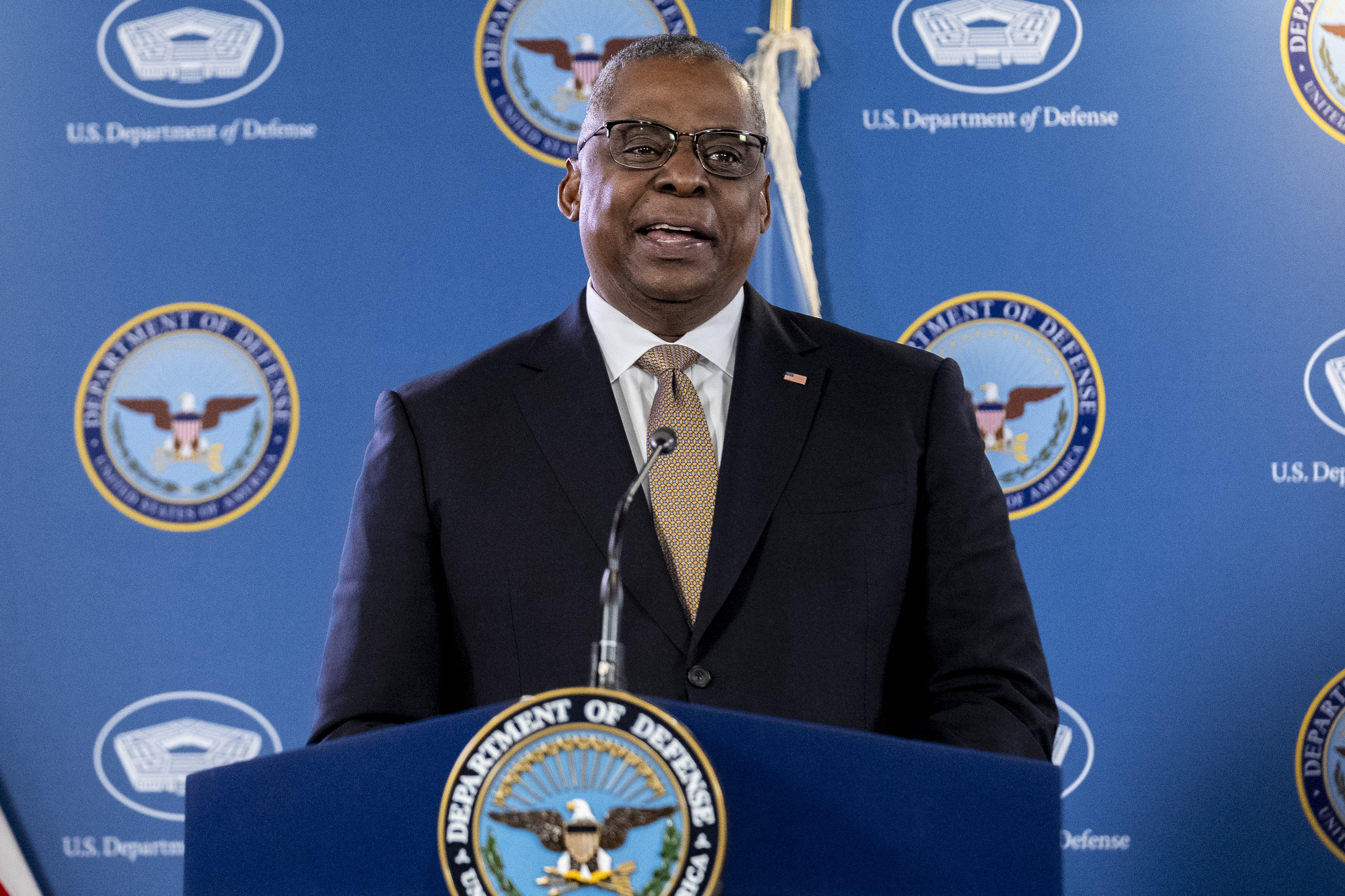 Secretary of Defense Lloyd Austin, speaks during a briefing at the Pentagon in Washington, March 15. The U.S. retaliated after a strike Thursday by a suspected Iranian-made drone killed a U.S. contractor and wounded five American troops and another contractor in northeast Syria.