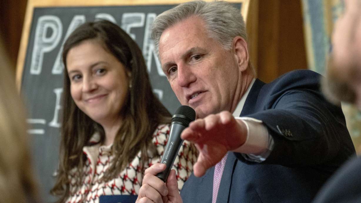 Speaker of the House Kevin McCarthy, of Calif., right, speaks about the proposed legislation dubbed the "Parents Bill of Rights," March 1, next to Rep. Elise Stefanik, R-N.Y., on Capitol Hill in Washington. House Republicans have narrowly passed legislation Friday.