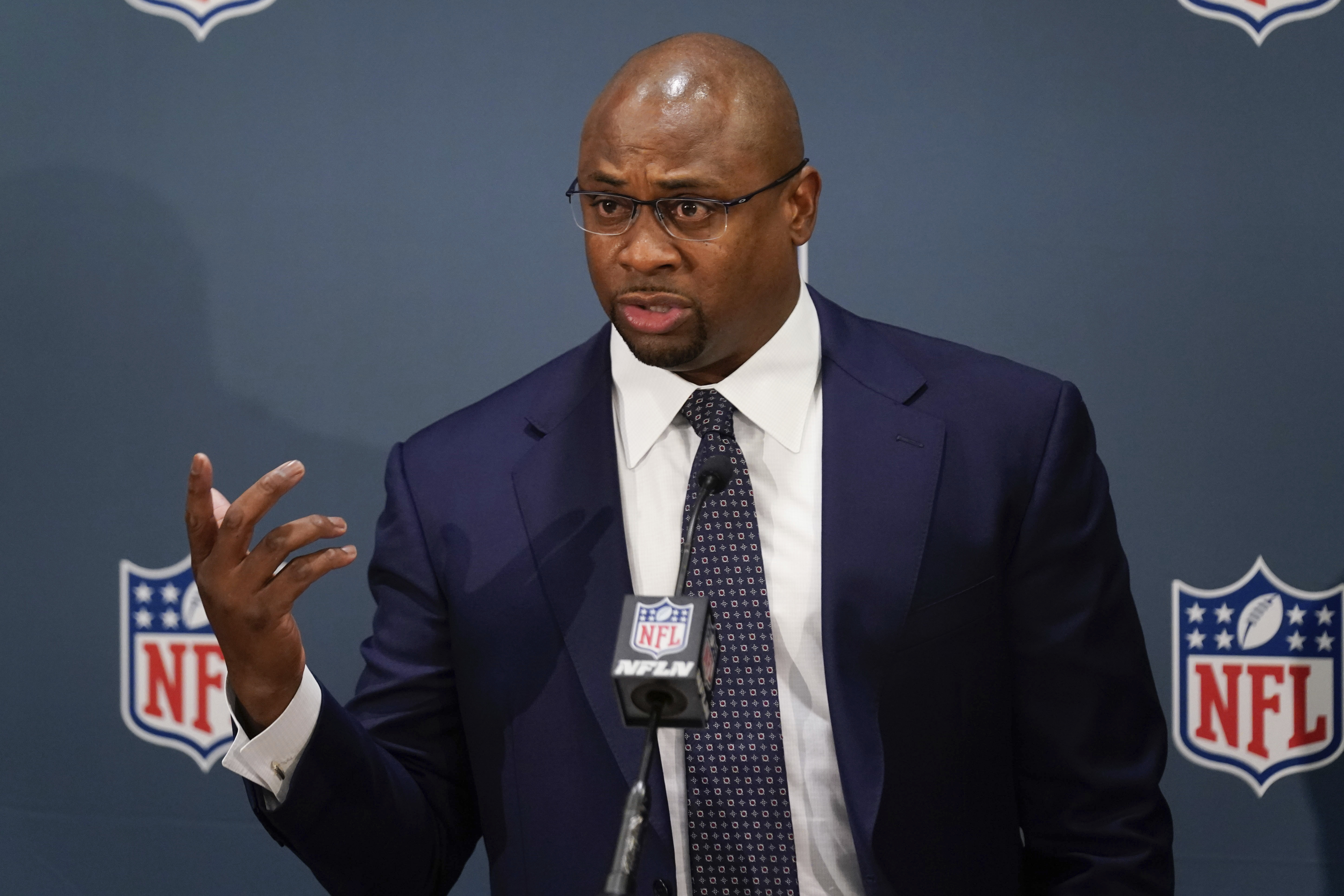 FILE - Troy Vincent, Executive Vice President of Football Operations at the NFL, speaks to reporters during NFL meetings in New York, Tuesday, Oct. 26, 2021. The NFL will consider significant changes to the kicking game. Troy Vincent said Friday, March 24, 2023, that the competition committee looked at various rules on kickoffs in college and the spring leagues to try to reduce injuries on what is one of the more dangerous plays.