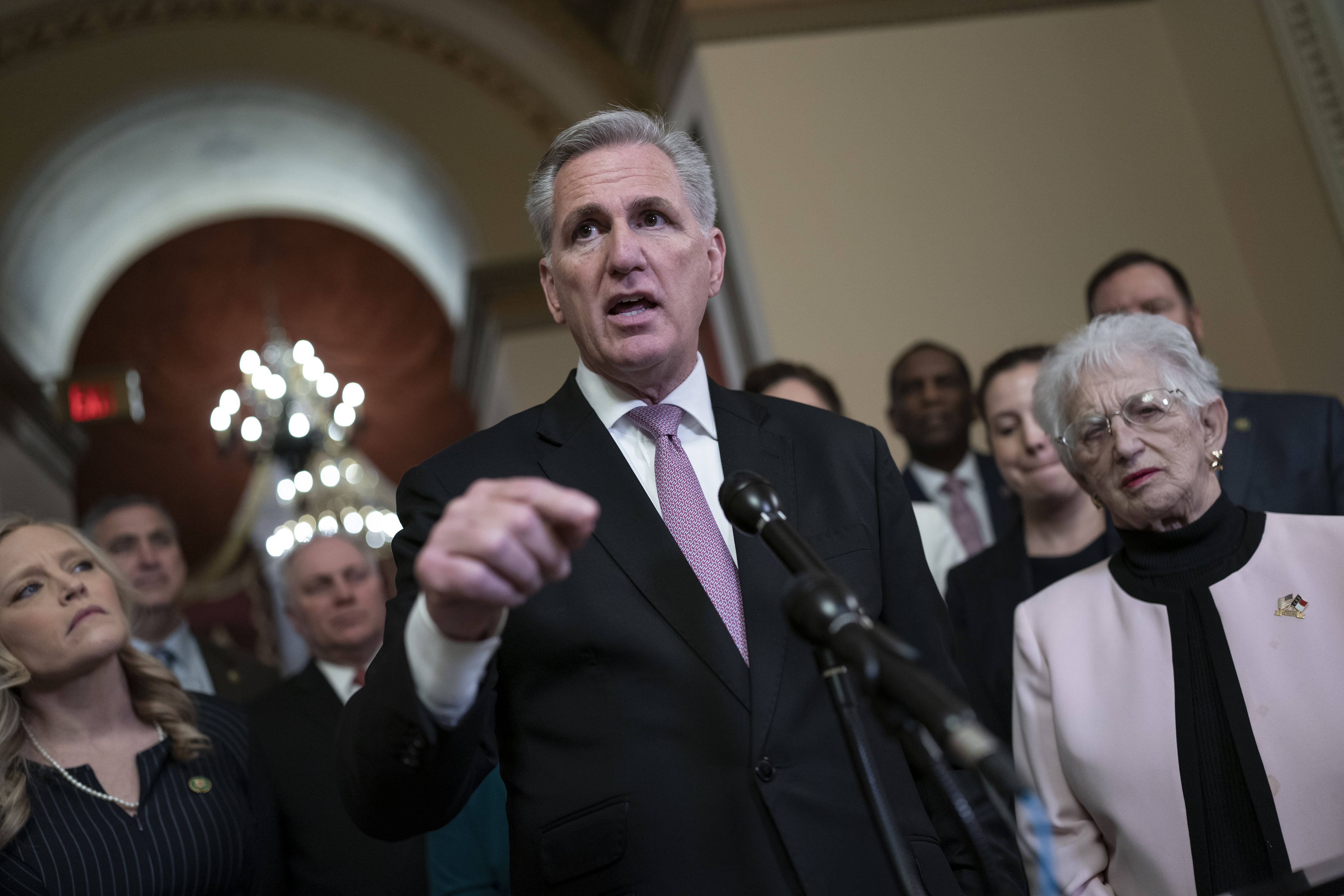 Speaker of the House Kevin McCarthy, R-Calif., talks to reporters after the House narrowly passed the “Parents Bill of Rights Act,” in Washington, Friday. The bill has little chance in the Democratic-held 100-seat Senate.