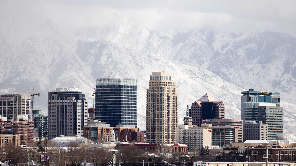 The Salt Lake City downtown skyline is seen after a snowstorm on March 24. Salt Lake City leaders are weighing a potential zoning change that would allow for taller skyscrapers among other changes to the downtown area.