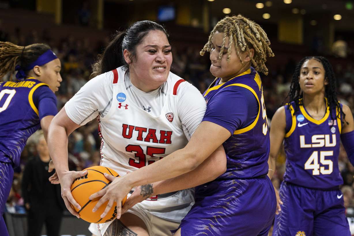 Utah's Alissa Pili (35) fights for control of the basketball with LSU's Kateri Poole (55) during the first half of a Sweet 16 college basketball game of the women's NCAA Tournament in Greenville, S.C., Friday, March 24, 2023.