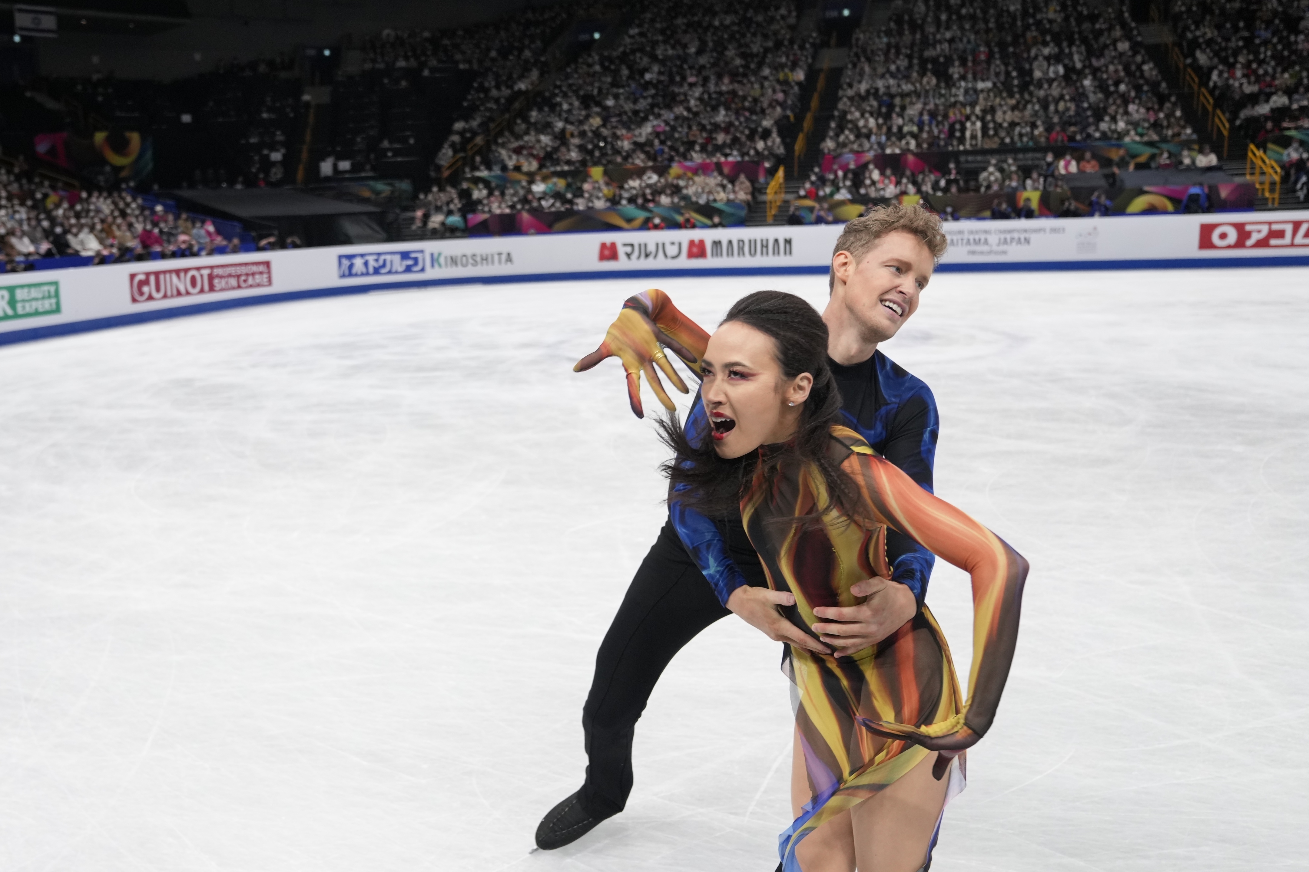Madison Chock and Evan Bates of the U.S. perform during the ice dance free dance program in the World Figure Skating Championships in Saitama, north of Tokyo, Saturday, March 25, 2023.