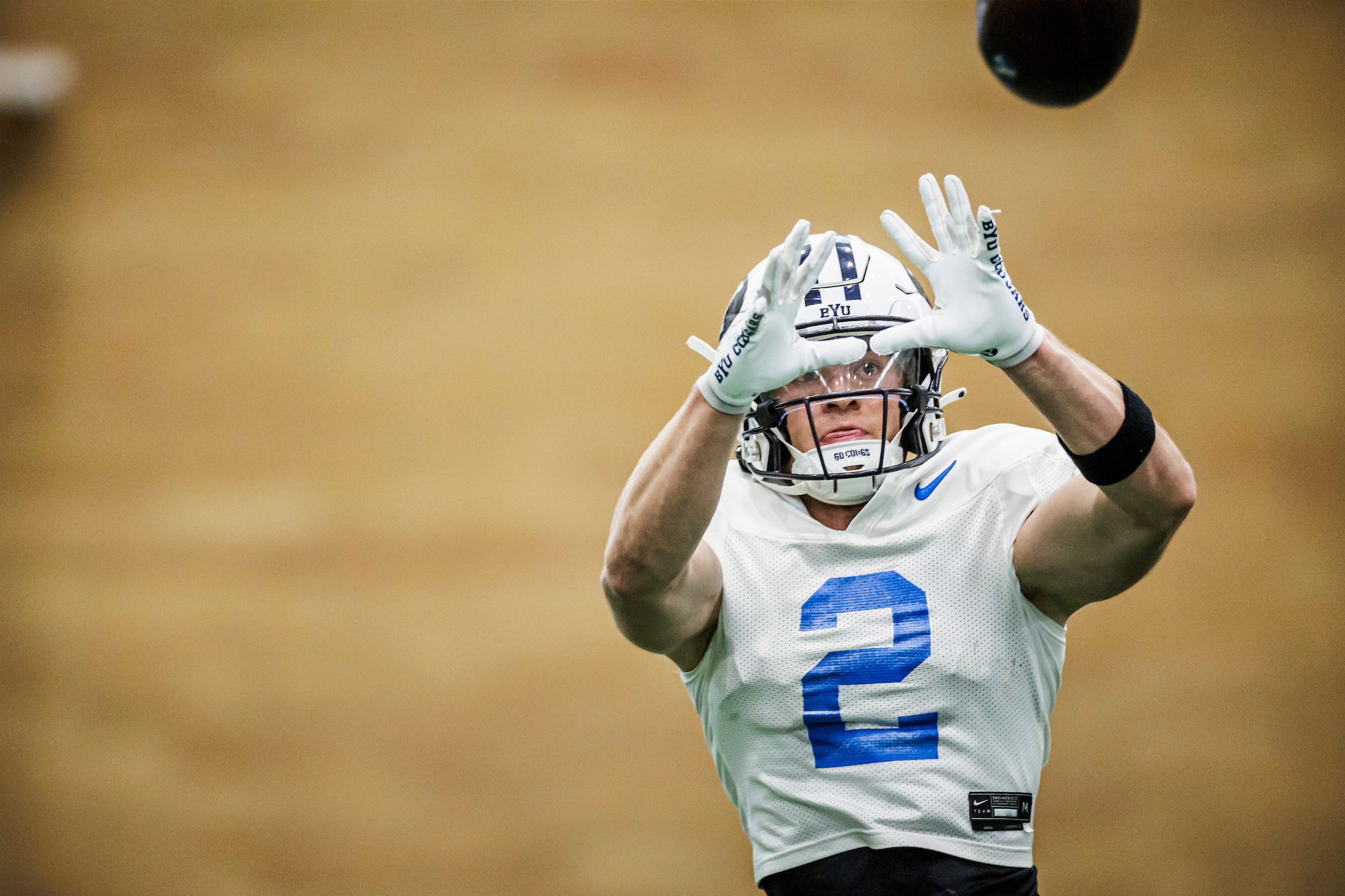 BYU wide receiver Chase Roberts catches a pass during spring practices, Saturday, March 25, 2023 in Provo.