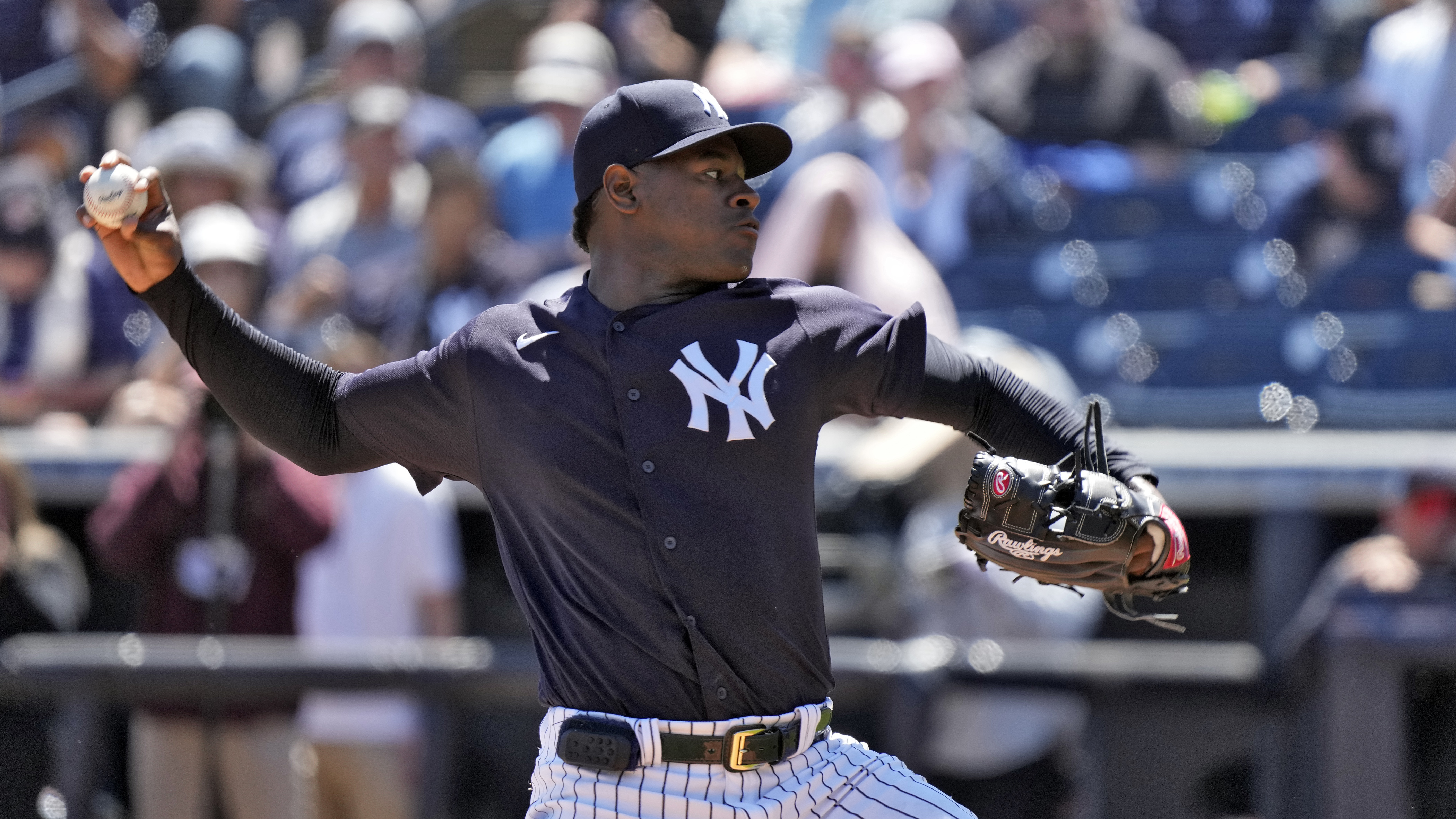 New York Yankees pitcher Luis Severino delivers to the Detroit Tigers during the first inning of a spring training baseball game Tuesday, March 21, 2023, in Tampa, Fla.