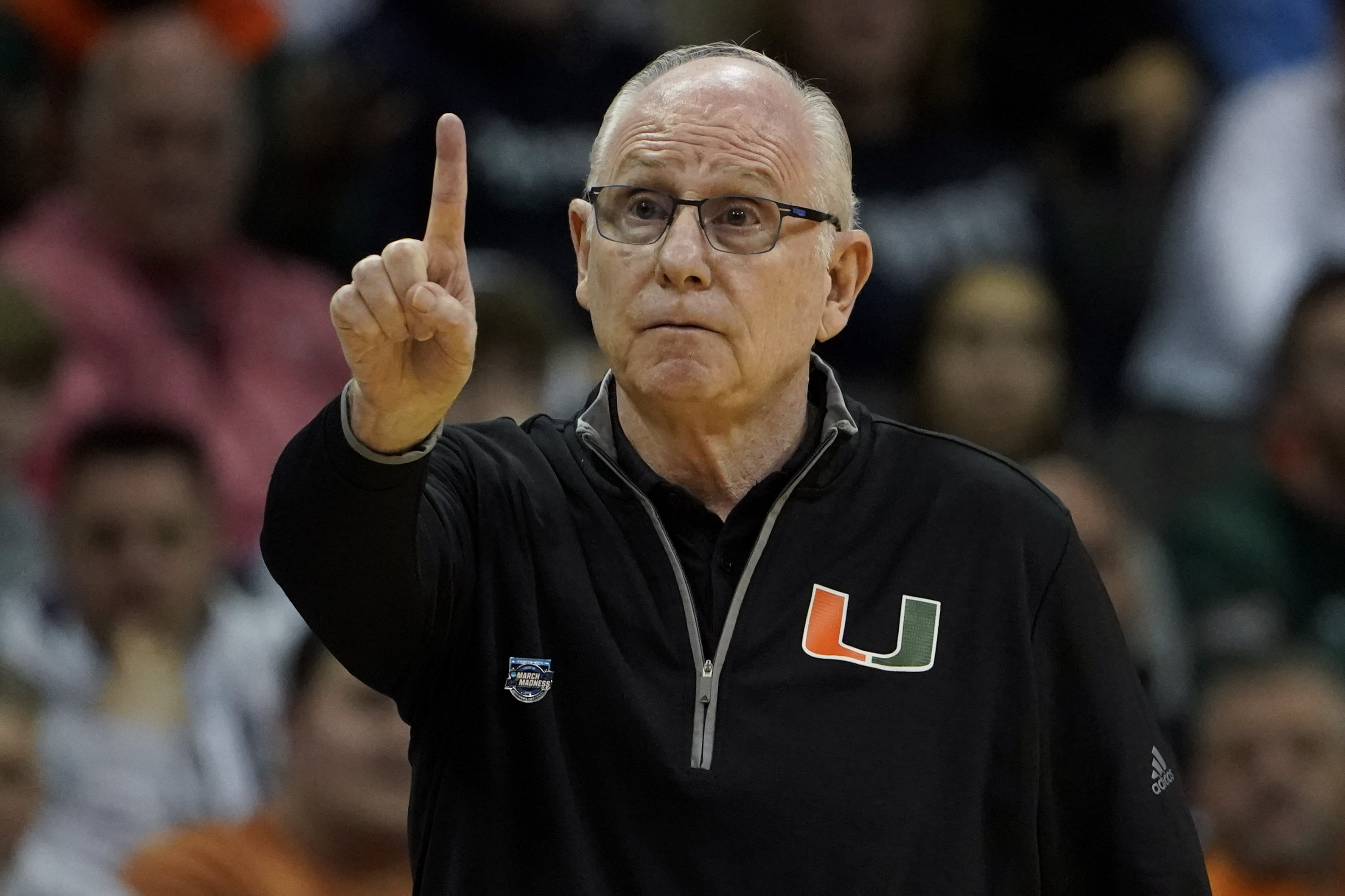 Miami head coach Jim Larranaga gestures in the first half of a Sweet 16 college basketball game against Houston in the Midwest Regional of the NCAA Tournament Friday, March 24, 2023, in Kansas City, Mo.