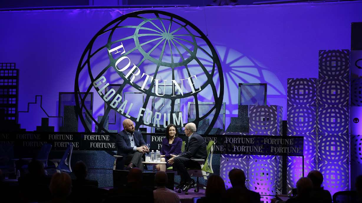 From left, tech venture capitalist Marc Andreessen, Facebook chief operating officer Sheryl Sandberg and moderator Alan Murray during a discussion called The Now and Future of Mobile at the Fortune Global Forum, Nov. 3, 2015, in San Francisco. Fortune’s Brainstorm Tech conference is coming to Utah.