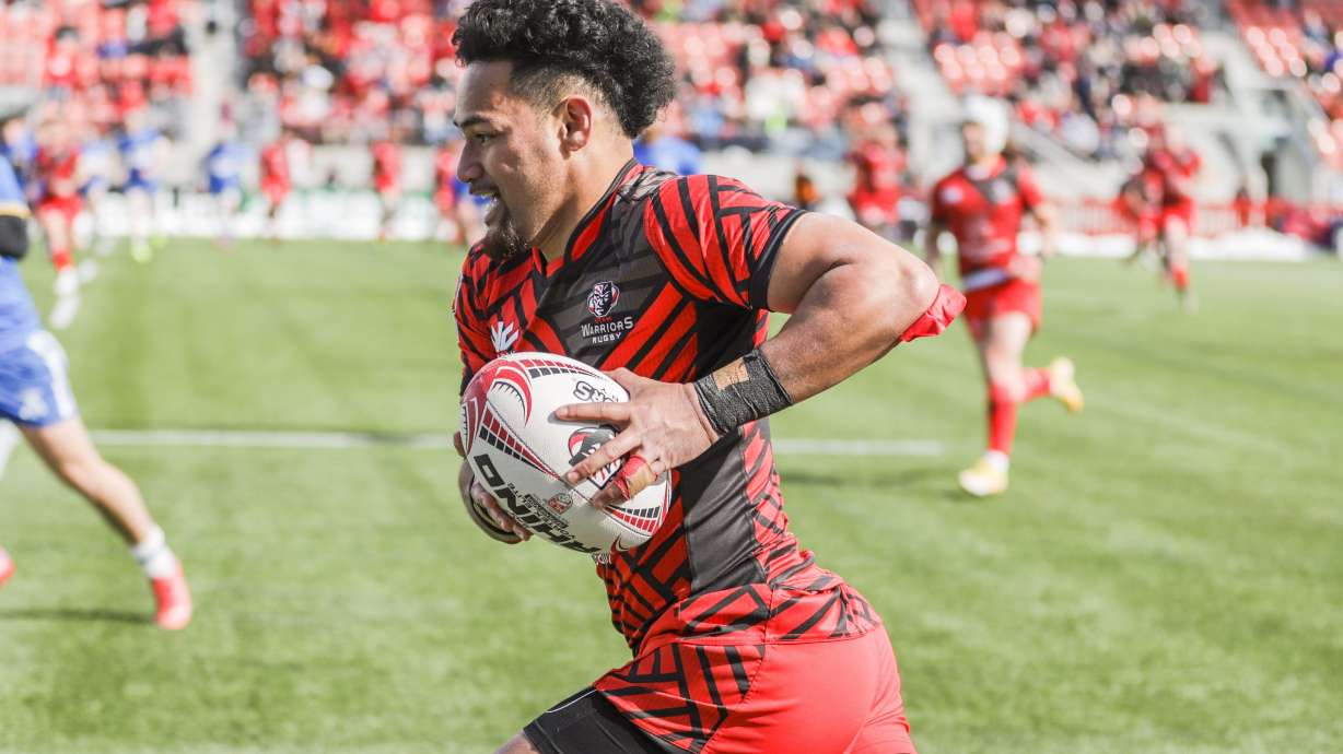Utah Warriors wing Joe Mano scores a try during a 47-19 win over the Toronto Arrows, Saturday, March 25, 2023 at Zions Bank Stadium in Herriman.