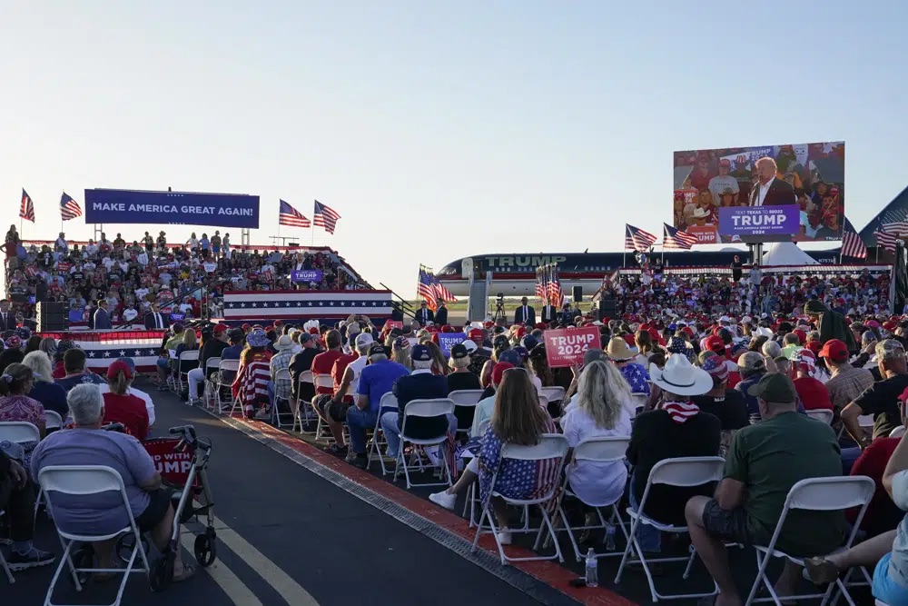 Former President Donald Trump speaks at a campaign rally at Waco Regional Airport on Saturday in Waco, Texas.