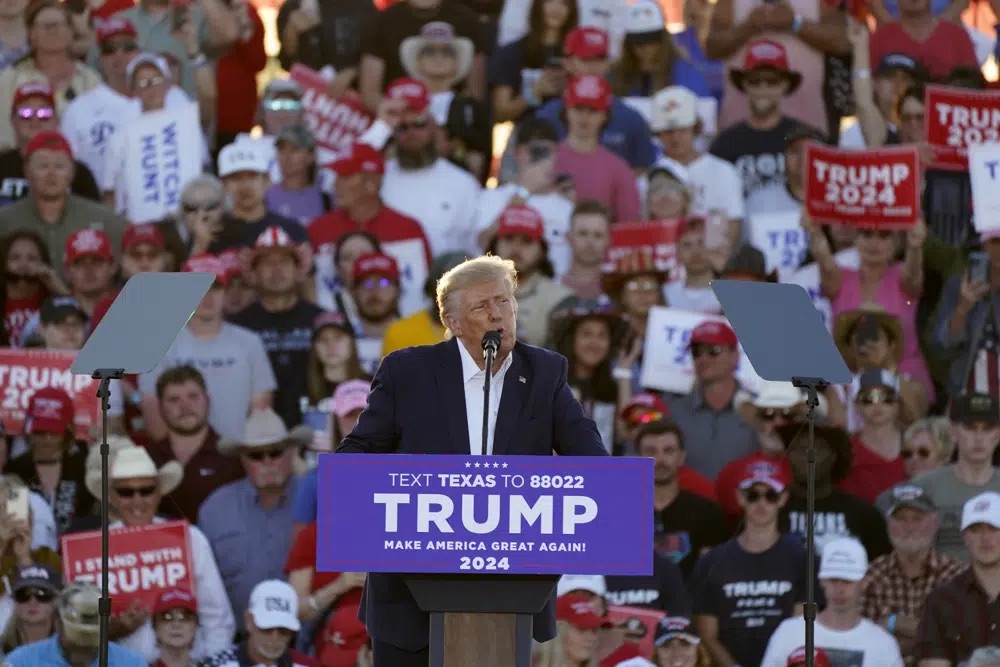 Former President Donald Trump speaks at a campaign rally at Waco Regional Airport Saturday in Waco, Texas. Trump slammed his leading Republican rival Florida governor Ron DeSantis.
