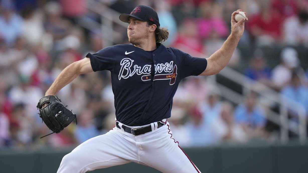 Atlanta Braves pitcher Dylan Dodd throws in the second inning of a spring training baseball game against the Philadelphia Phillies in North Port, Fla., Saturday, March 18, 2023.