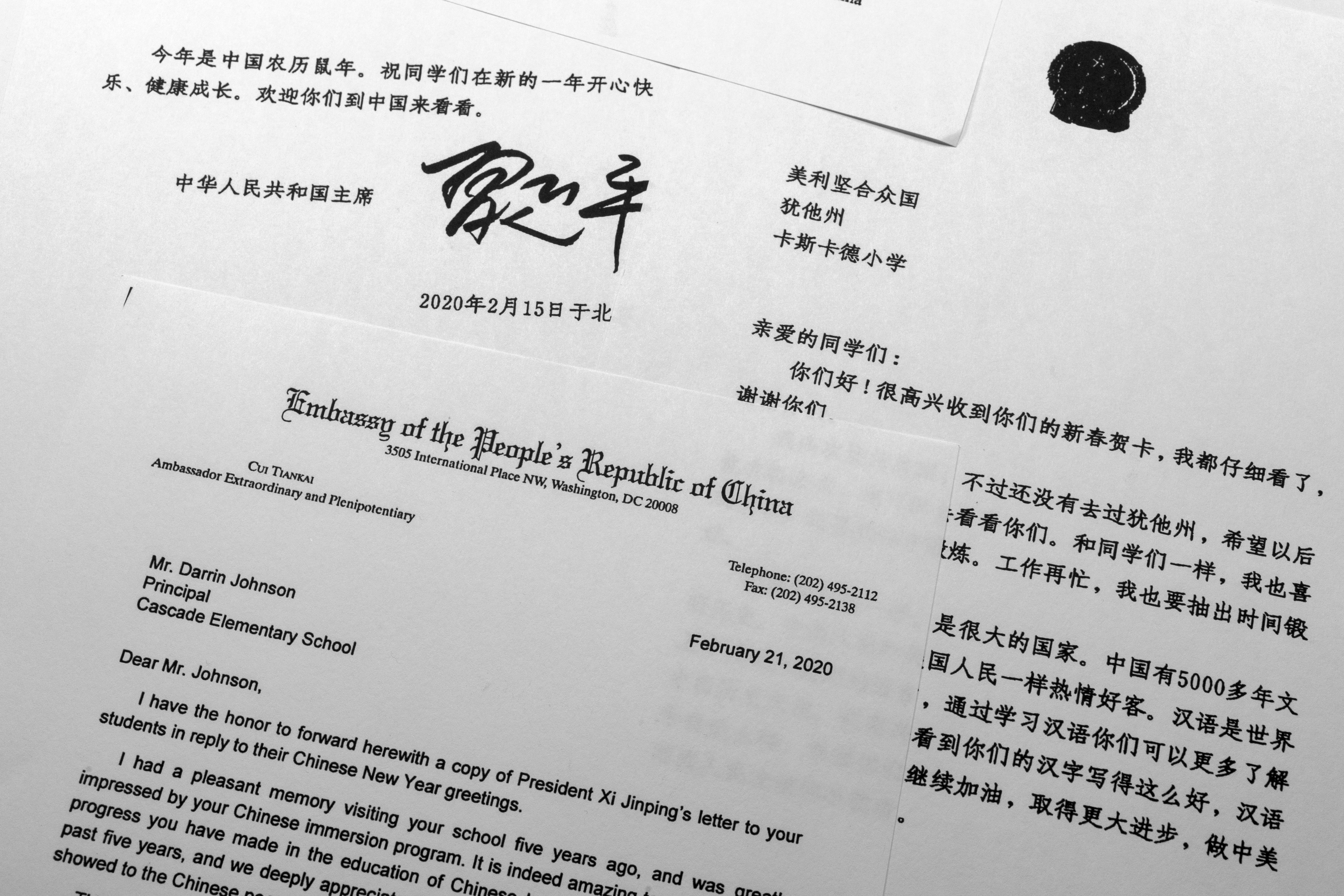 A letter from Chinese President Xi Jinping to Cascade Elementary School fourth grade students in early 2020, is photographed Feb. 13. China’s global influence campaign has blossomed in Utah, where state officials were thrilled with Xi’s letter.