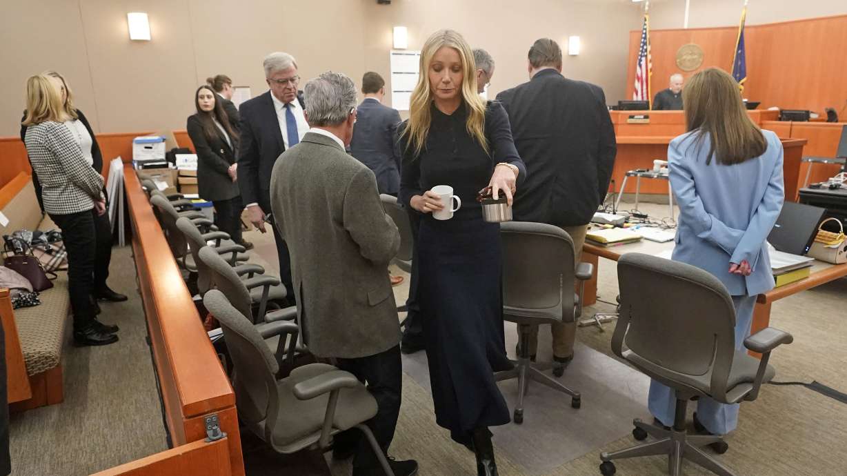 Gwyneth Paltrow walks past Terry Sanderson, the man suing her, after testifying in court on Friday, in Park City. Sanderson accuses her of crashing into him on a beginner run at Deer Valley Resort. Sanderson is expected to take the stand Monday.