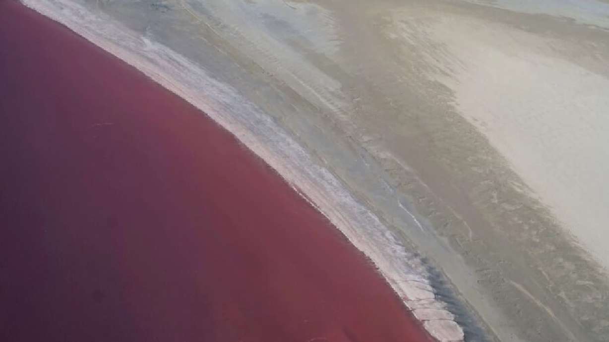 The receding water line and the exposed lakebed on the Great Salt Lake's north arm as seen from the air, Aug. 3, 2022.