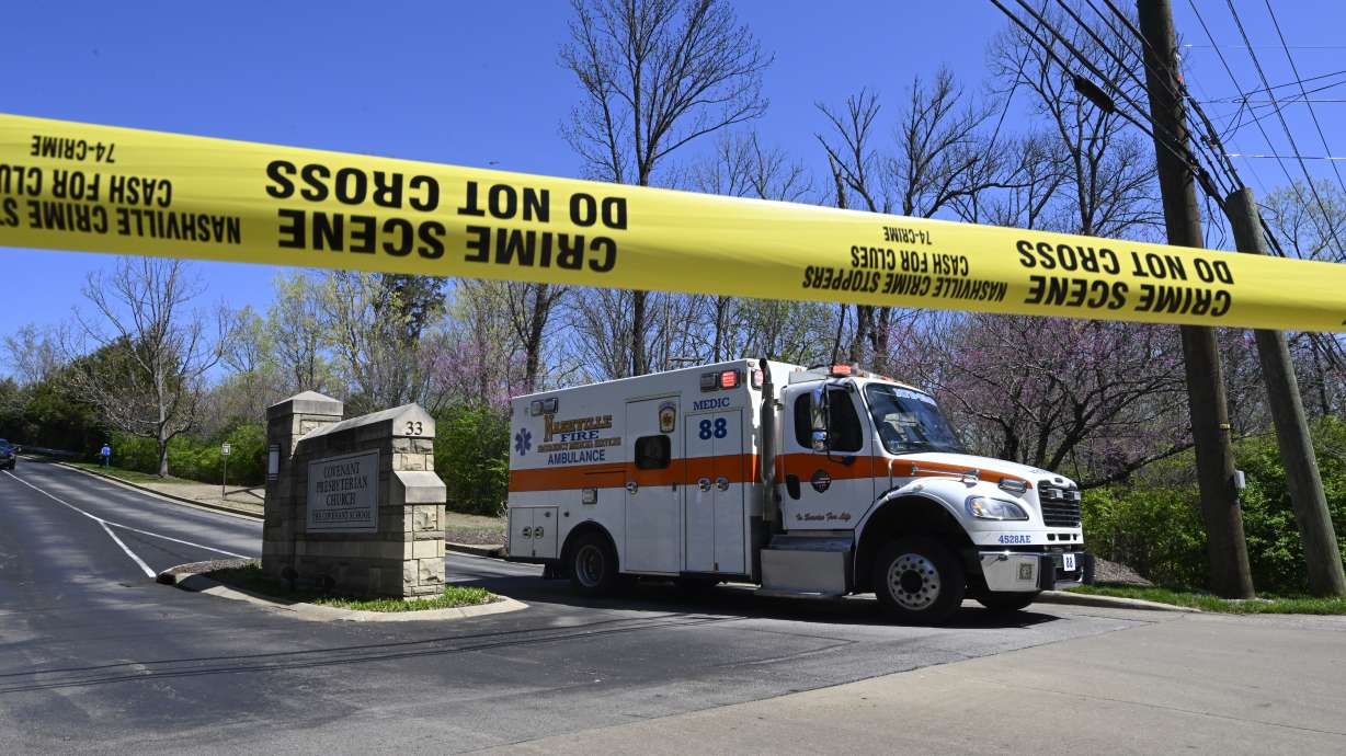 An ambulance leaves Covenant School, Covenant Presbyterian Church, in Nashville, Tenn. Monday. Officials say three children were killed in a shooting at the private Christian grade school in Nashville. The suspect was killed by police.