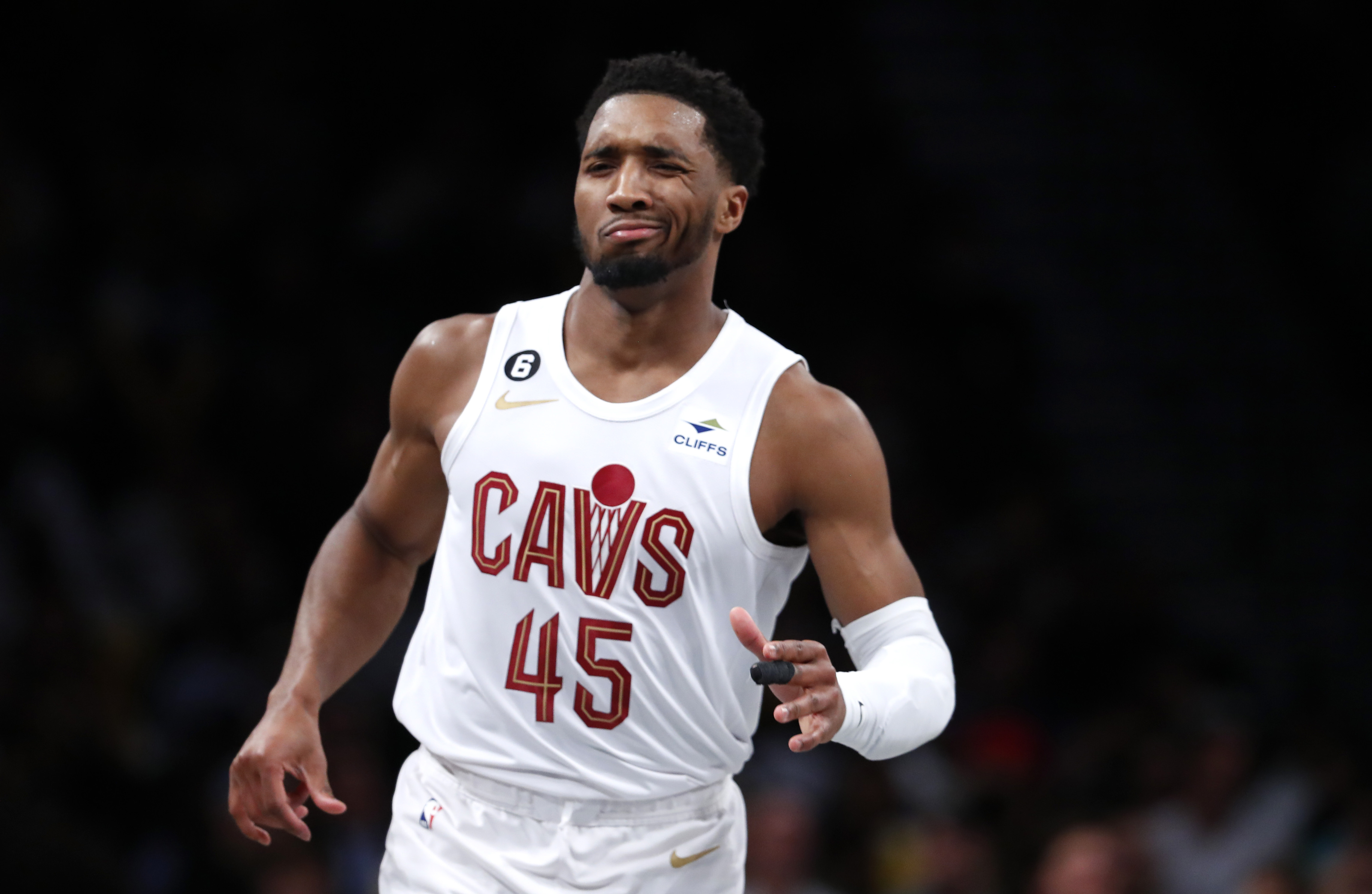 Cleveland Cavaliers guard Donovan Mitchell (45) reacts after making a three point shot against the Brooklyn Nets during the second half of an NBA basketball game, Tuesday, March 21, 2023, in New York. The Cleveland Cavaliers won 115-109.