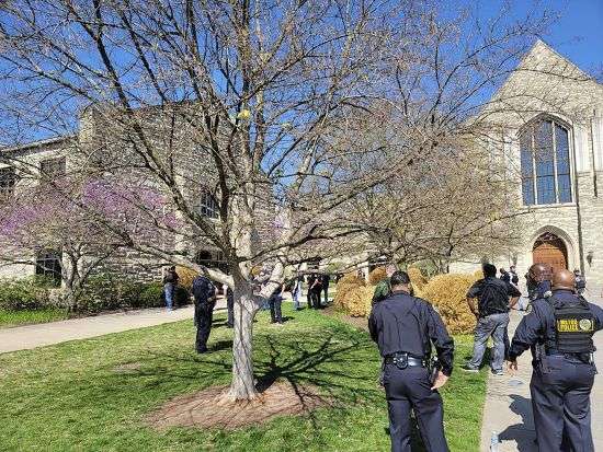 Officers at an active shooter event that took place at Covenant School, Covenant Presbyterian Church, in Nashville, Tenn., Monday. Authorities say the suspect in a shooting at a private Christian school in Nashville is dead.