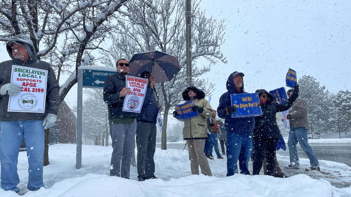 Salt Lake VA and other union members rally outside the George E. Wahlen Veterans Affairs Medical Center in Salt Lake City Monday in hopes of bringing awareness to staffing shortages and pay issues at the VA hospital and VA hospitals nationwide.