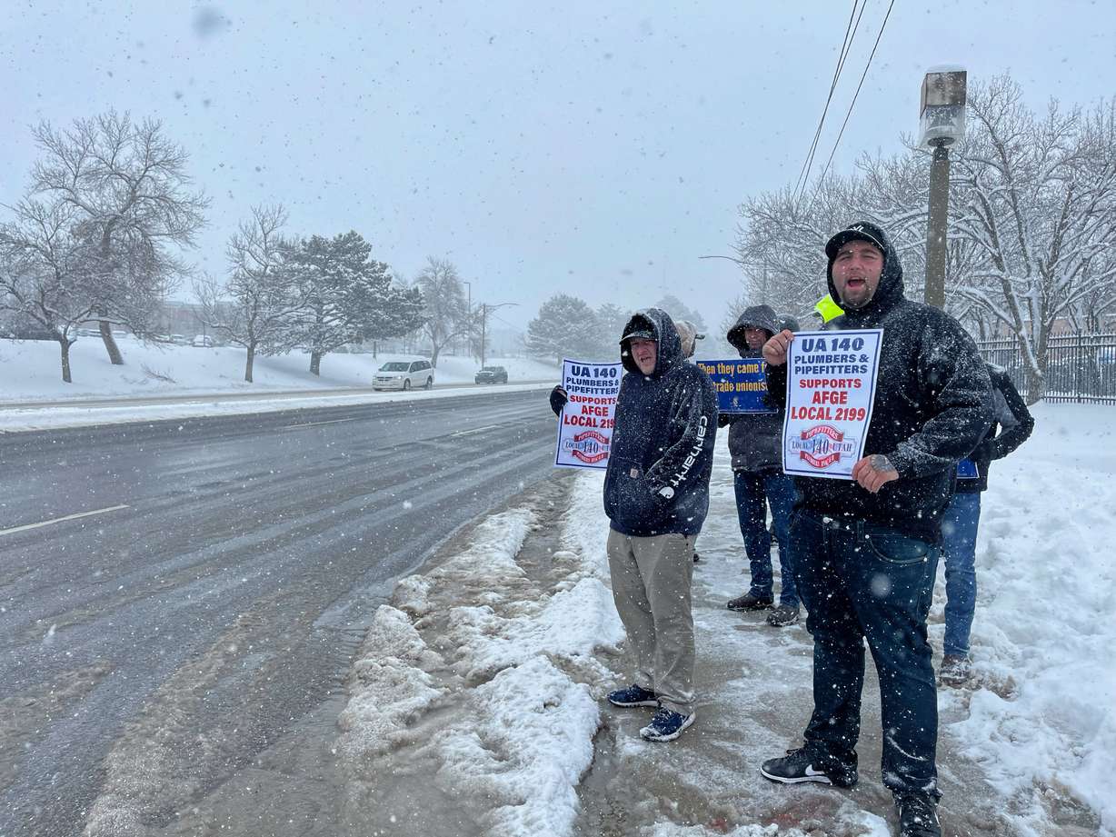 Salt Lake City VA and other union members rally outside of the George E. Wahlen Veterans Affairs Medical Center in Salt Lake City on Monday in hopes of bringing awareness and solutions to severe staffing shortages and pay issues at the Salt Lake City VA hospital and VA hospitals nationwide.