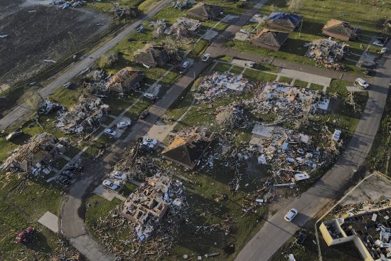 Damage is seen on properties in Rolling Fork, Mississippi on Monday where three days earlier a tornado ripped through the town.
