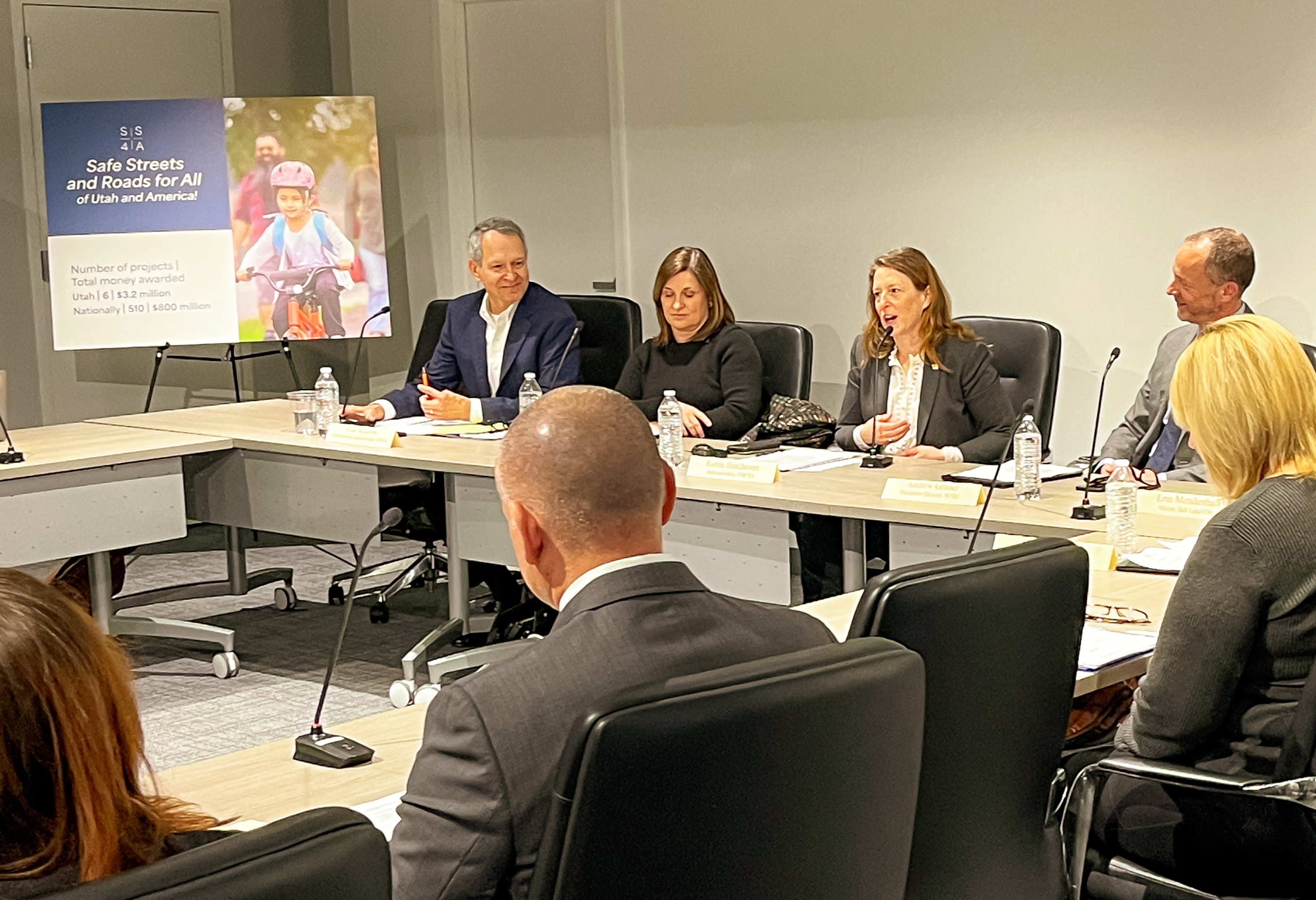 Federal Motor Carrier Safety Administrator Robin Hutcheson, third from left, speaks at a multimodal transportation safety roundtable event at the Wasatch Front Regional Council office in Salt Lake City, Monday.