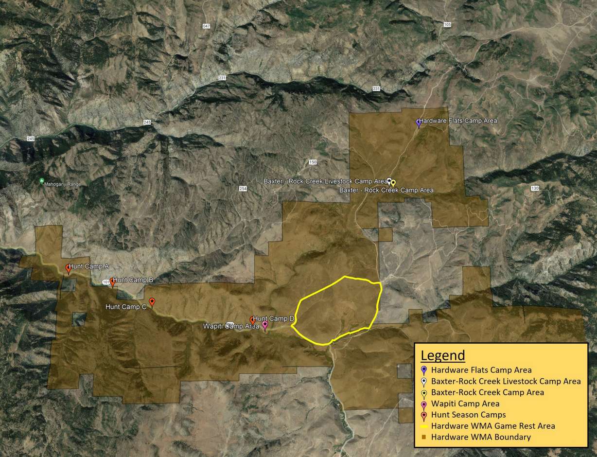 A map of the Hardware Wildlife Management Area showing the locations of the five designated camping areas on the land. Three of the sites will open on May 26, while the remaining two will open on Aug. 1 this year.