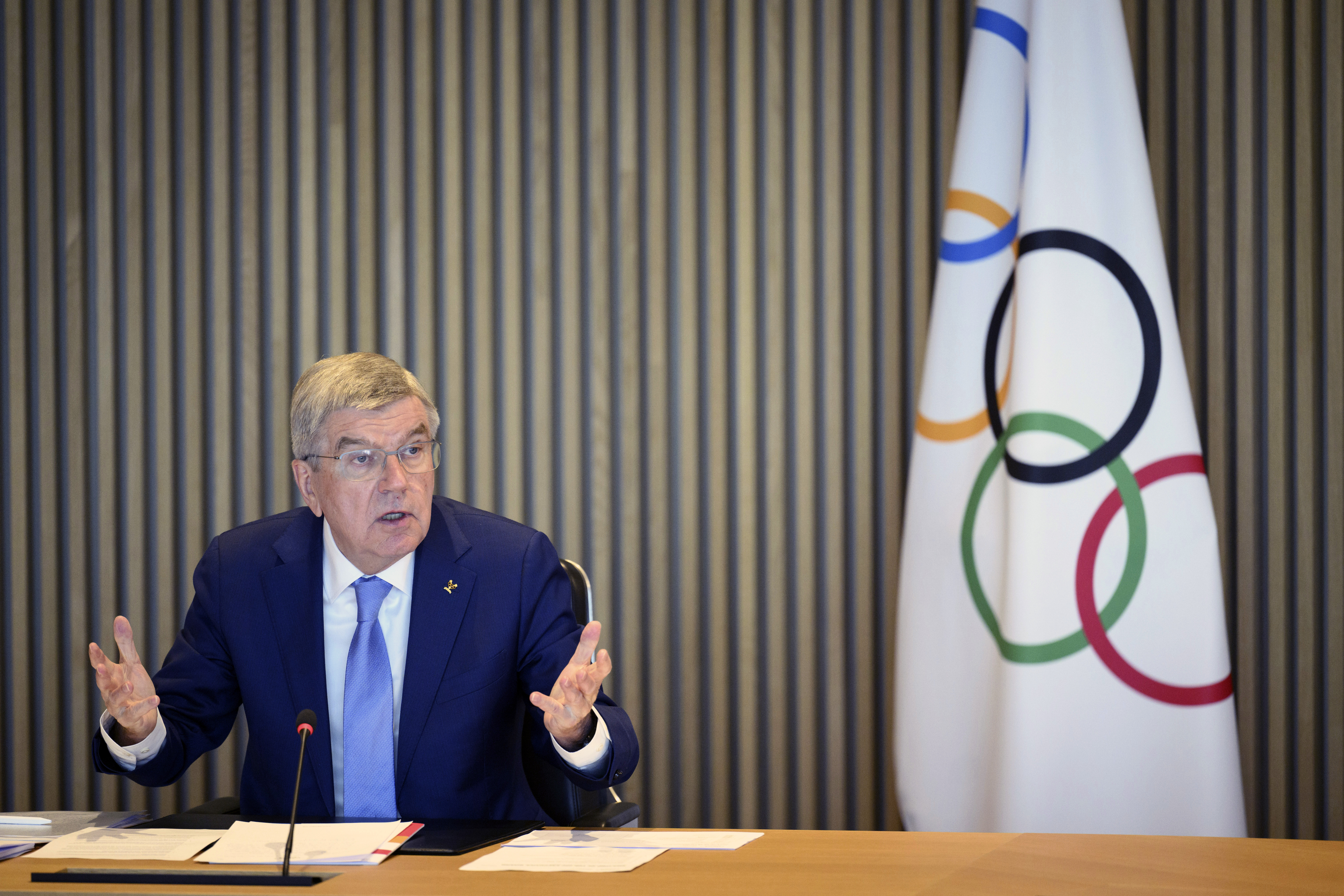 International Olympic Committee (IOC) President Thomas Bach speaks at the opening of the executive board meeting of the International Olympic Committee (IOC) in Lausanne, Switzerland, Tuesday, March 28, 2023. The IOC Executive Board is set to discuss the results of consultations regarding the status of athletes from Russia and Belarus in its meeting set to run until March 30.