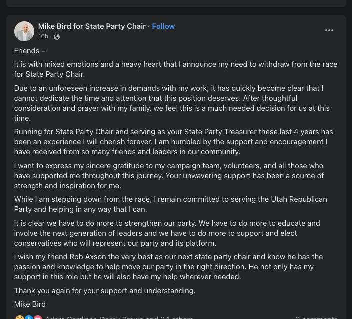 Screenshot of Mike Bird for State Party Chair on Facebook