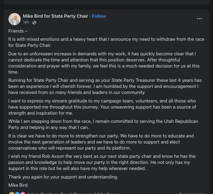Screenshot of Mike Bird for State Party Chair on Facebook