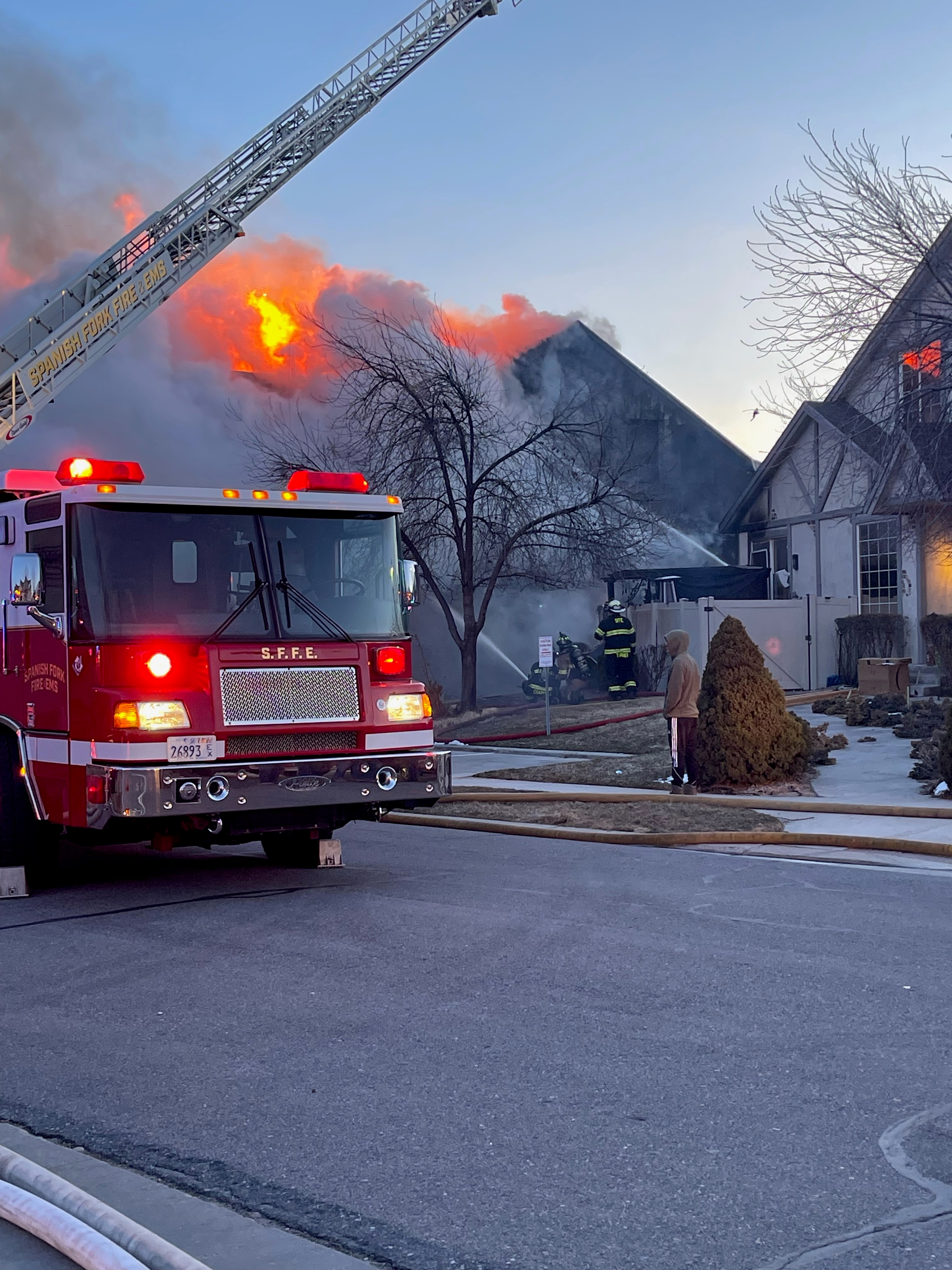 A twin home in Spanish Fork was destroyed in a fire early Tuesday. After sifting through debris, a body believed to be the homeowner was found around 3:45 p.m. on Wednesday.