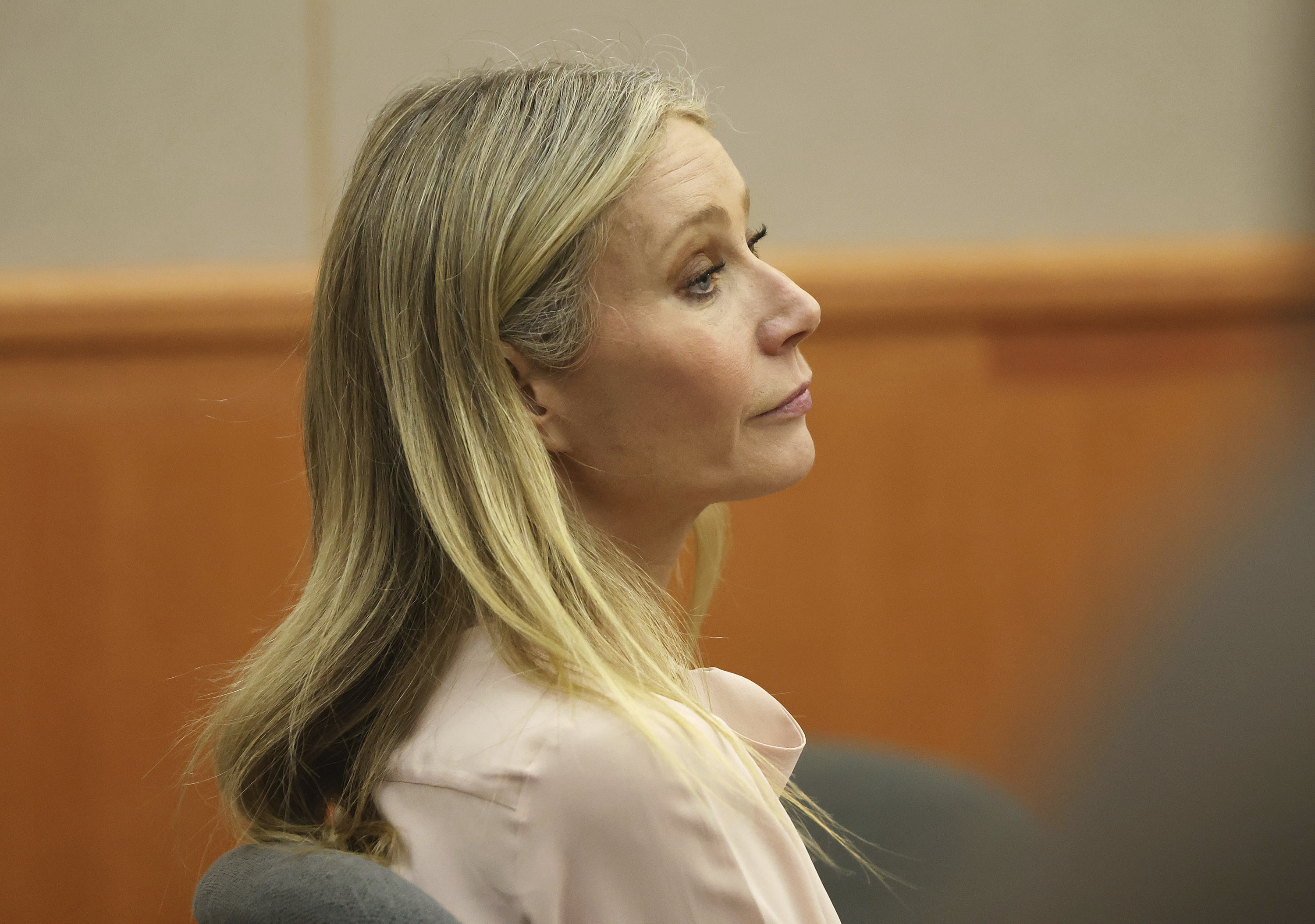 Gwyneth Paltrow listens in court during her trial, Tuesday, March 28, 2023, in Park City, Utah. Paltrow is accused in a lawsuit of crashing into a skier during a 2016 family ski vacation, leaving him with brain damage and four broken ribs.