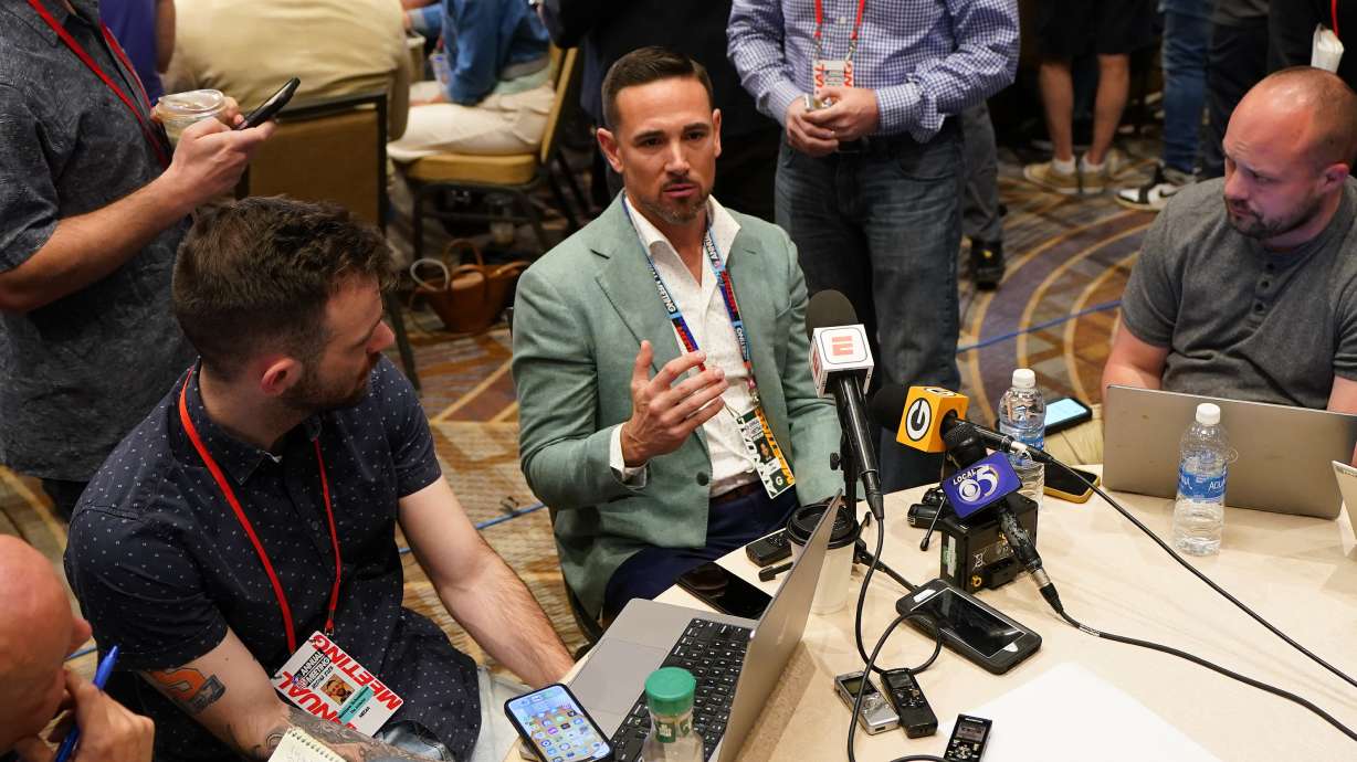 Green Bay Packers head coach Matt LaFleur speaks during the NFC head coaches availability at the NFL football meetings, Tuesday, March 28, 2023, in Phoenix.