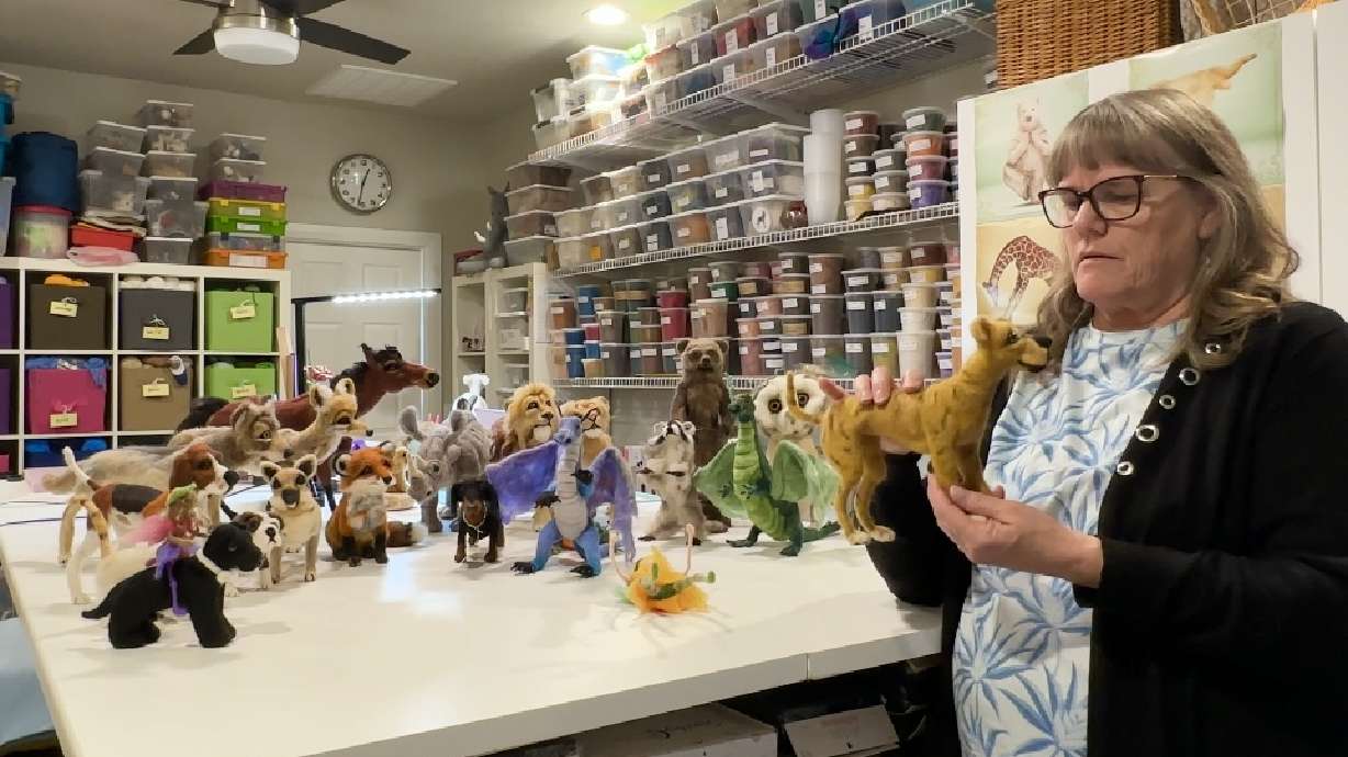 Debbie Hussey talks about wool sculpting at her home art studio in St. George on March 22.