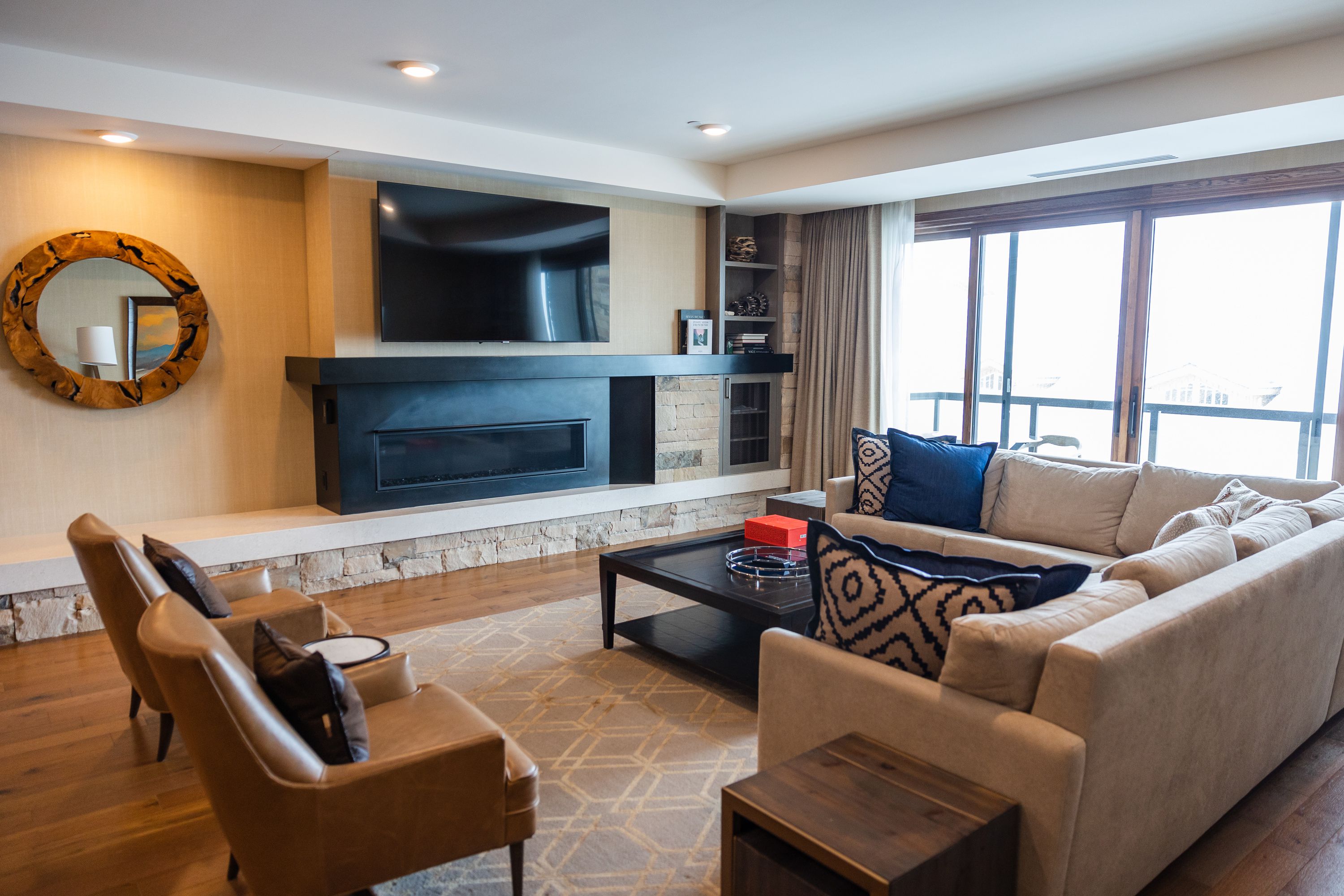 A living room is photographed in one of the Snow Park I residences at The St. Regis Deer Valley at Deer Valley Resort in Park City on March 23.