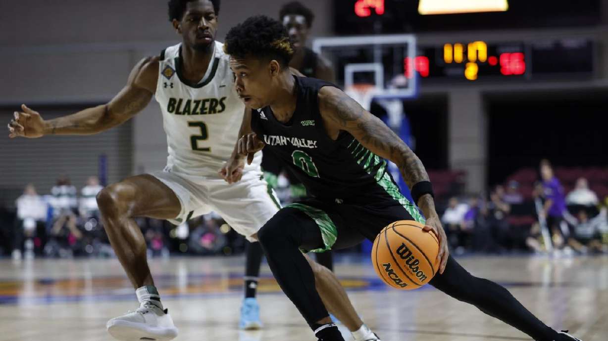 Justin Harmon drives to the rim during an NIT semifinal game against UAB, Tuesday, March 29, 2023 at Orleans Arena in Las Vegas.