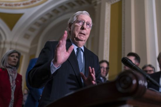Senate Republican Leader Mitch McConnell, R-Ky., speaks during a news conference at the Capitol in Washington, Feb. 14. McConnell says he opposes repeal of the 2002 and 1991 authorizations of force against Iraq, arguing that that authority "bears directly on the threats we face today in Iraq and Syria from Iran-backed terrorists."