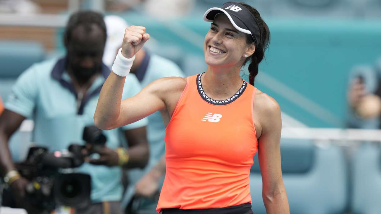 Sorana Cirstea of Romania reacts after defeating Aryna Sabalenka during the Miami Open tennis tournament, Wednesday, March 29, 2023, in Miami Gardens, Fla.
