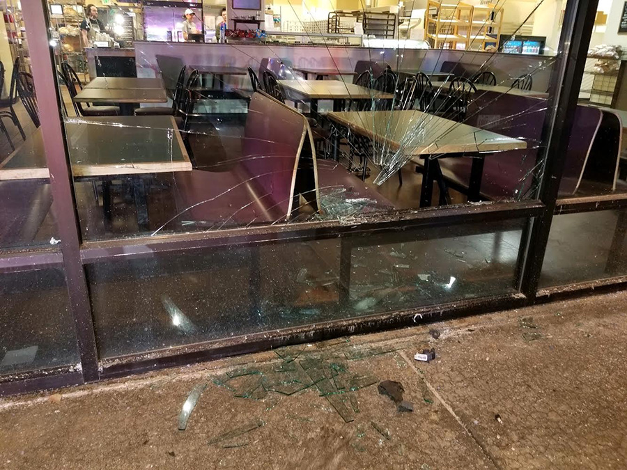 This shows the damage done from Wednesday’s incident at Geraldine’s Bake Shoppe & Deli. A local bake shop closed its lobby to customers after a man drove his car into one of the windows, shattered glass and yelled that people would die.